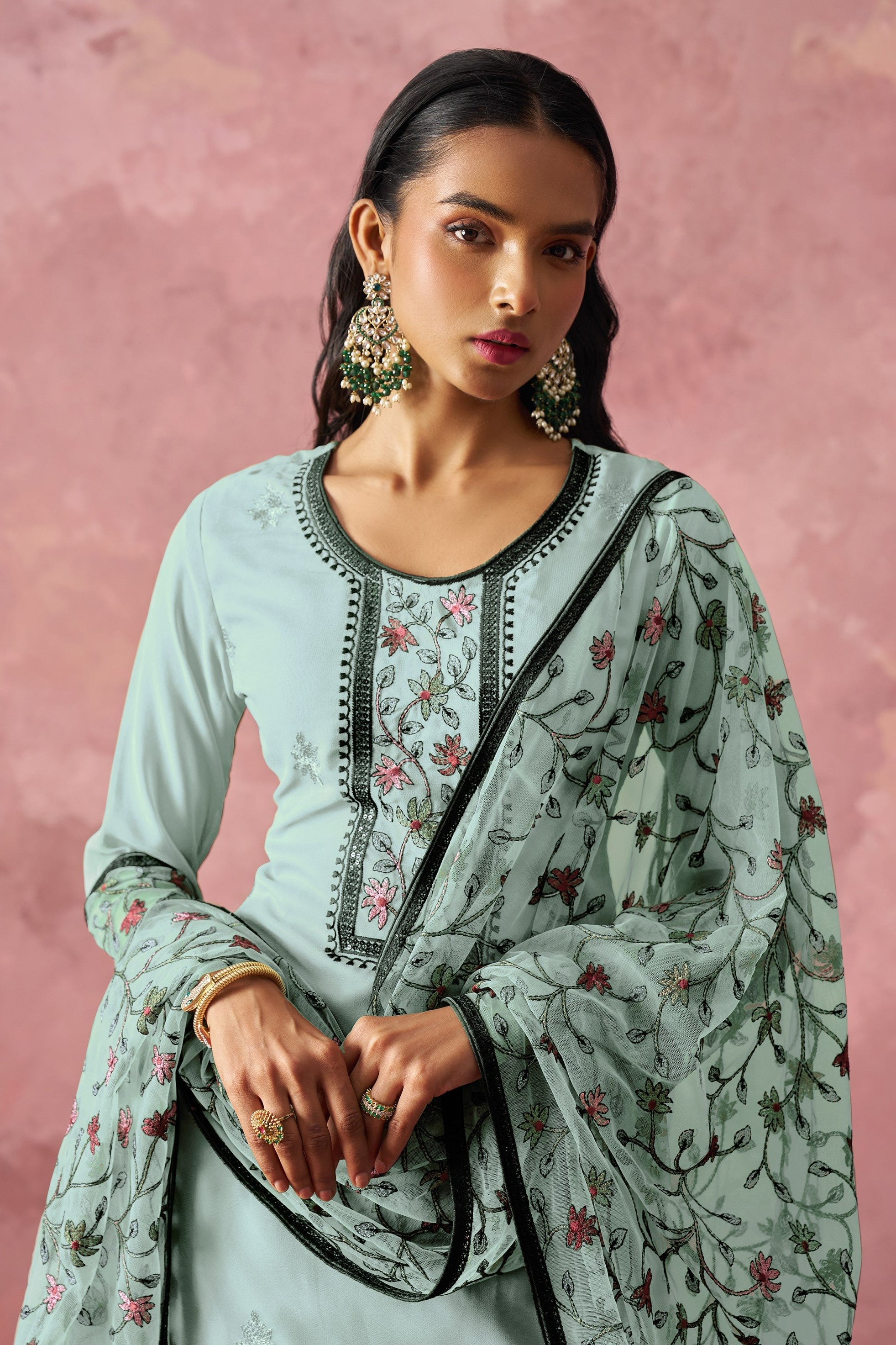 Turquoise Georgette Kameez With Pant For Indian & Pakistani Wedding Festival - Embroidery Work