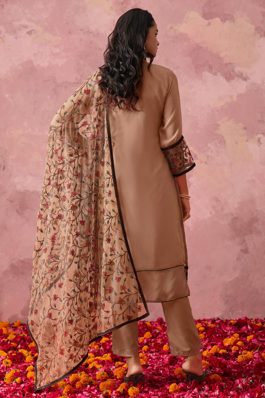 Brown Georgette Kameez With Pant For Indian & Pakistani Wedding Festival - Embroidery Work