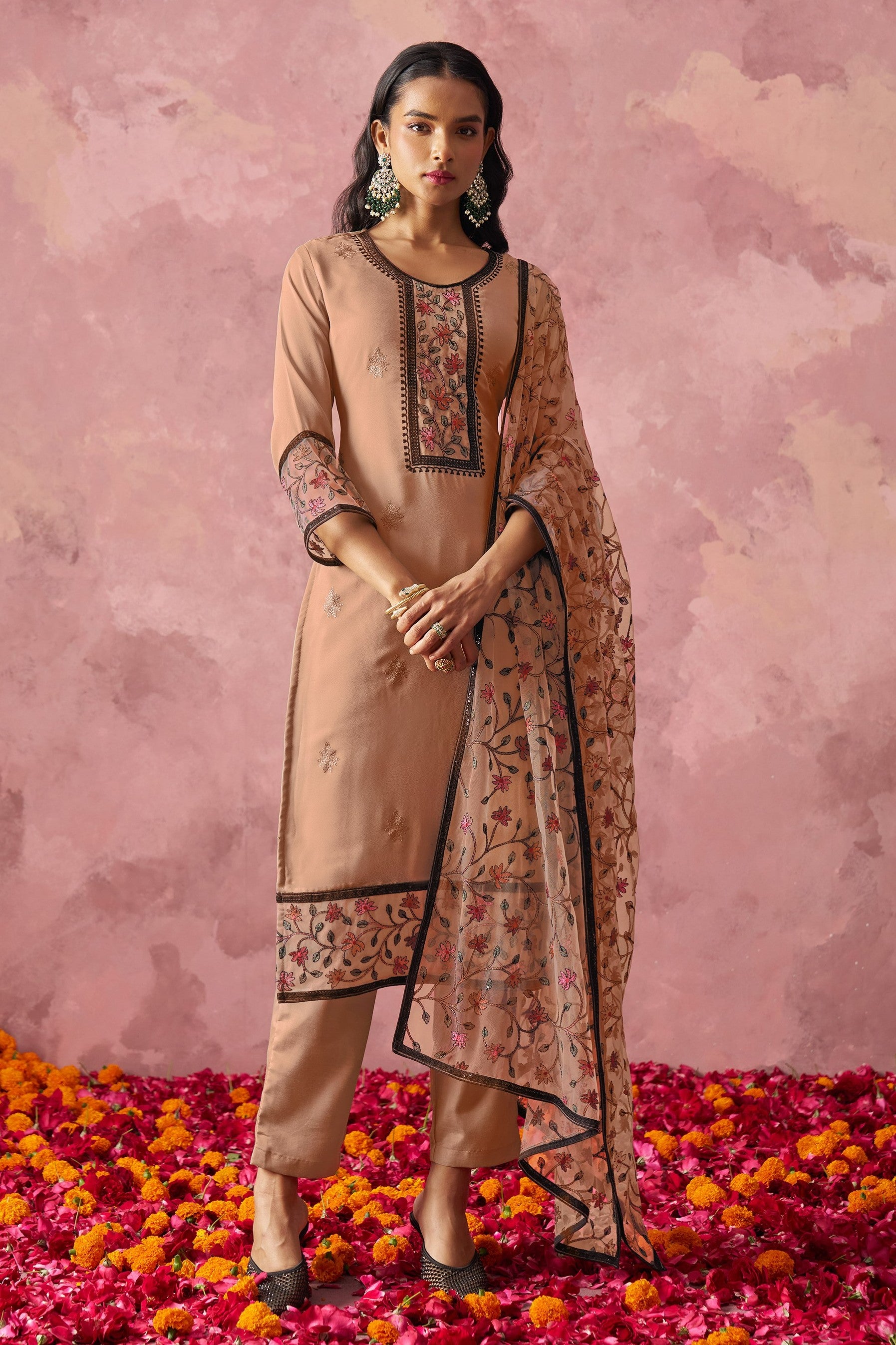 Brown Georgette Kameez With Pant For Indian & Pakistani Wedding Festival - Embroidery Work