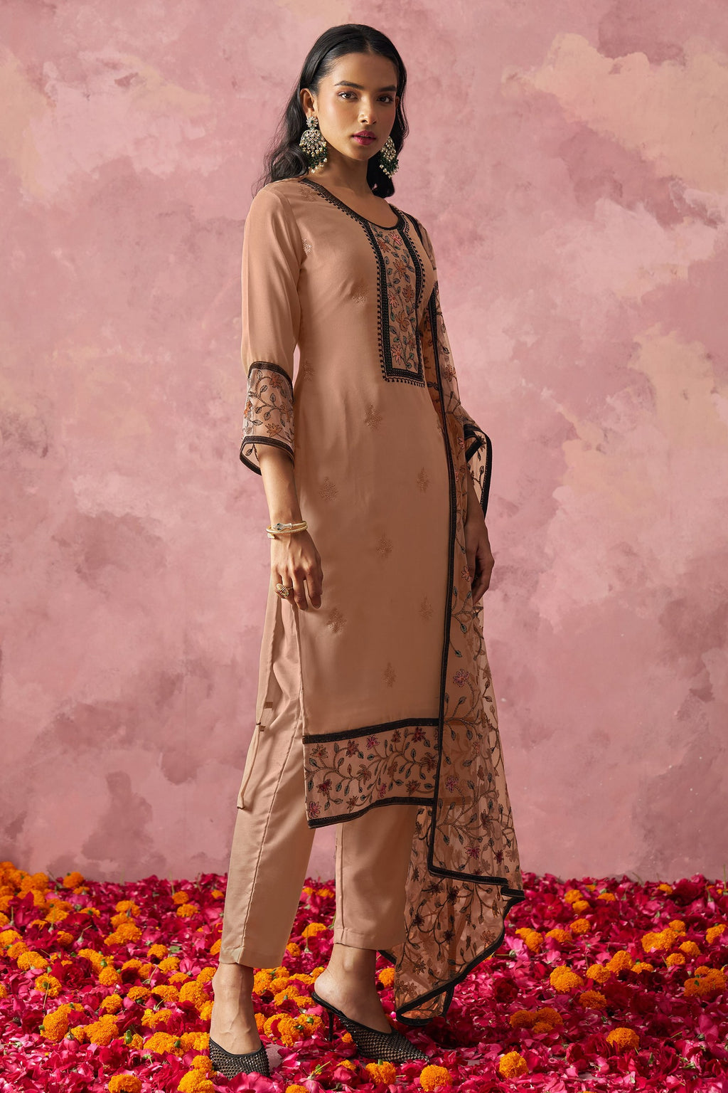 Brown Georgette Kameez With Pant For Indian & Pakistani Wedding Festival - Embroidery Work
