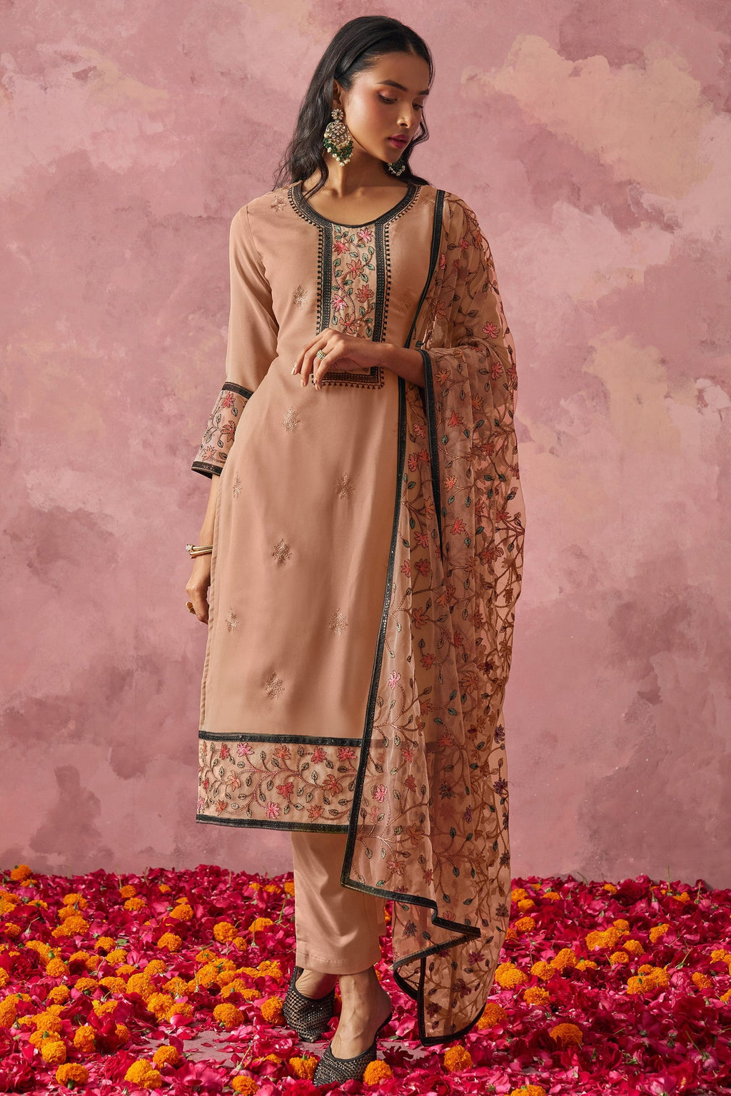 Brown Georgette Kameez With Pant For Indian & Pakistani Wedding Festival - Embroidery Work