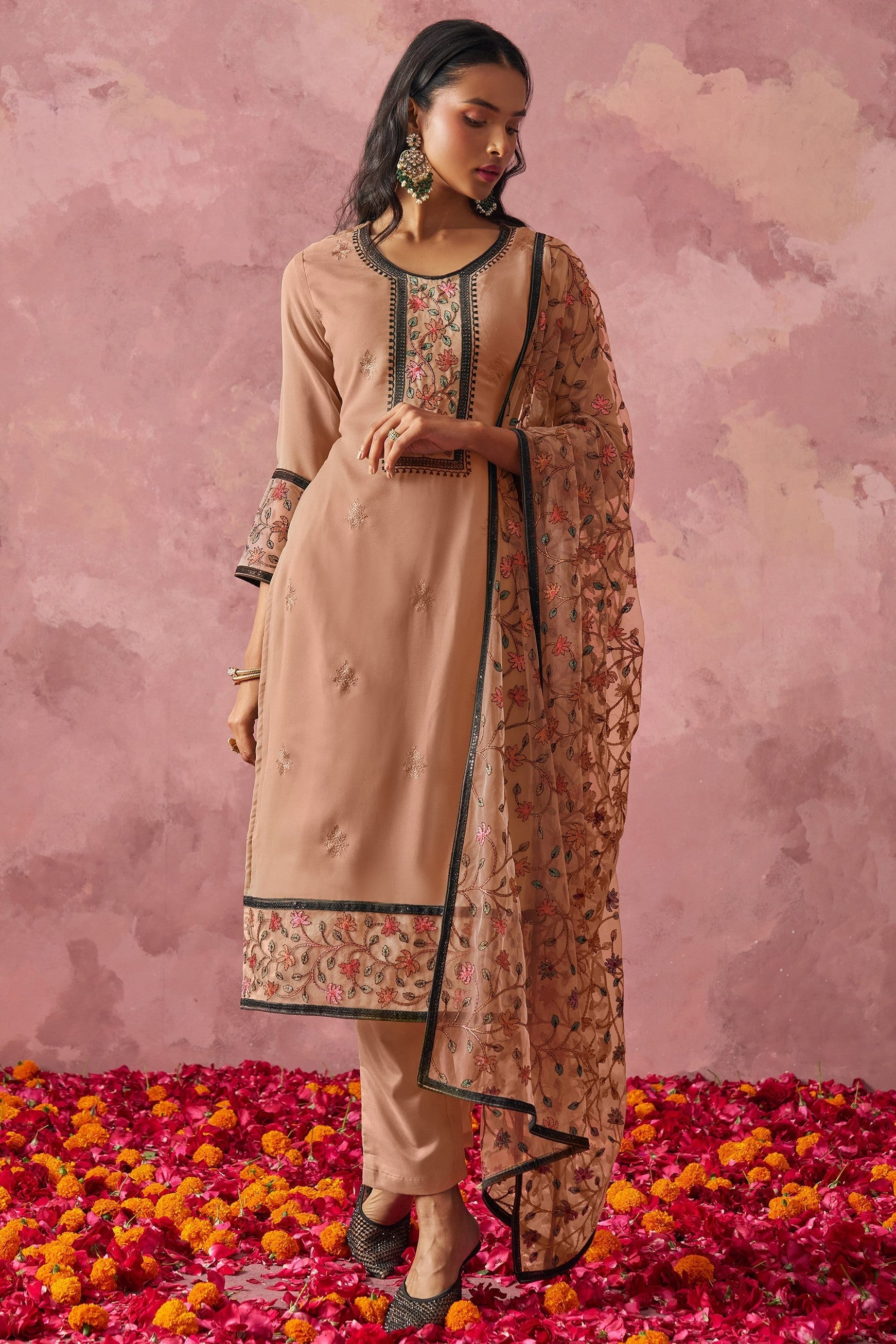 Brown Georgette Kameez With Pant For Indian & Pakistani Wedding Festival - Embroidery Work