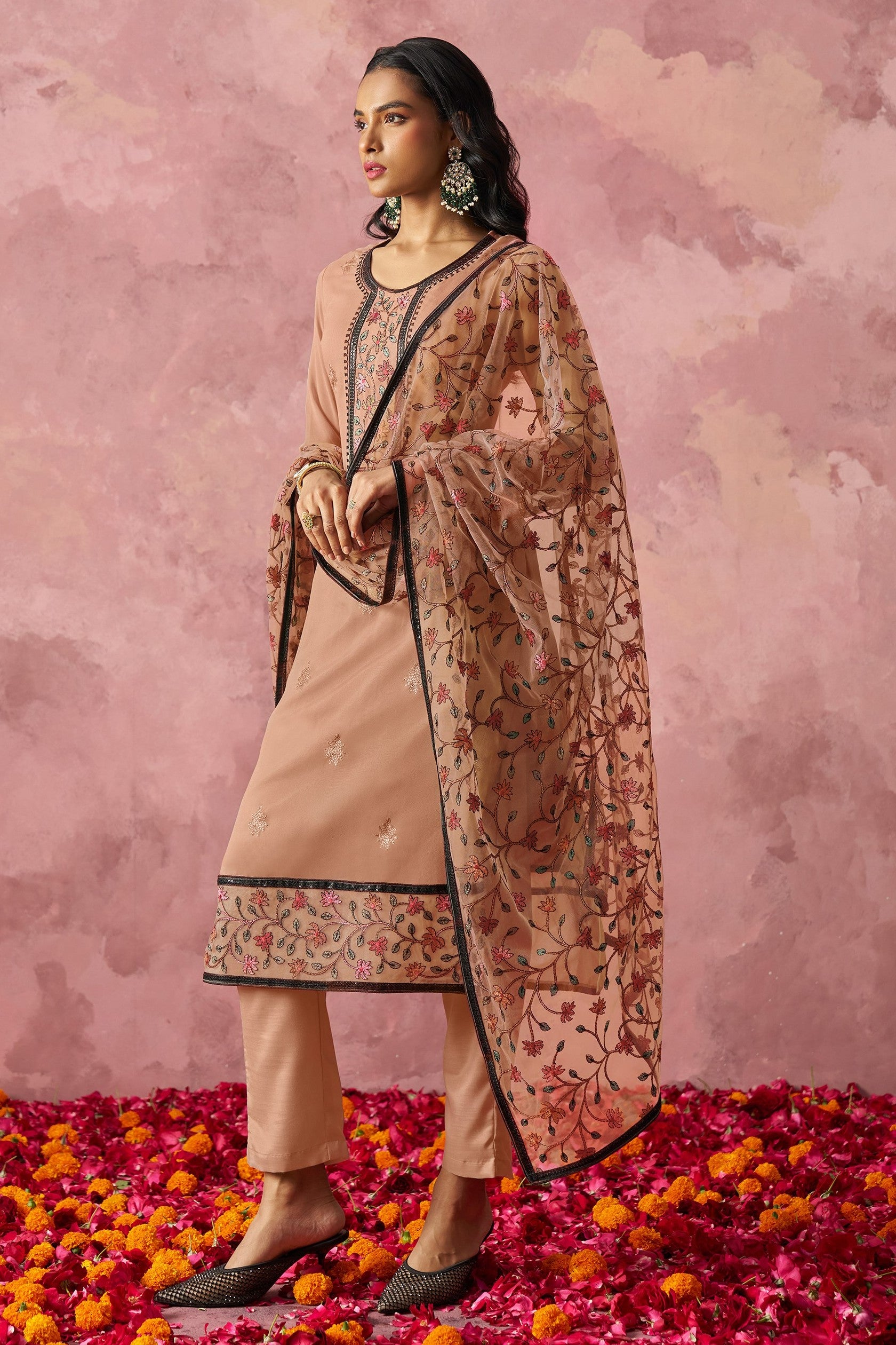 Brown Georgette Kameez With Pant For Indian & Pakistani Wedding Festival - Embroidery Work