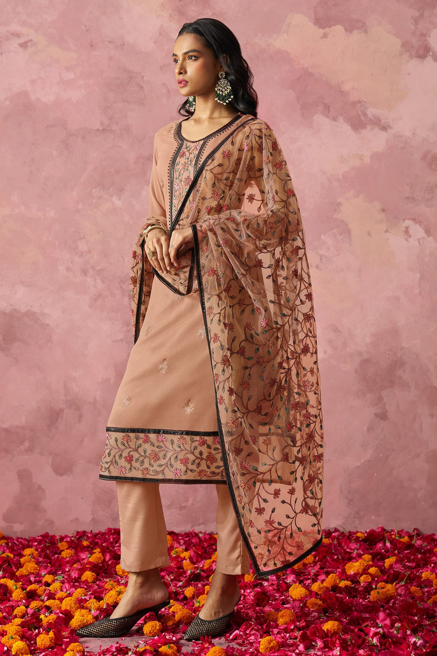 Brown Georgette Kameez With Pant For Indian & Pakistani Wedding Festival - Embroidery Work