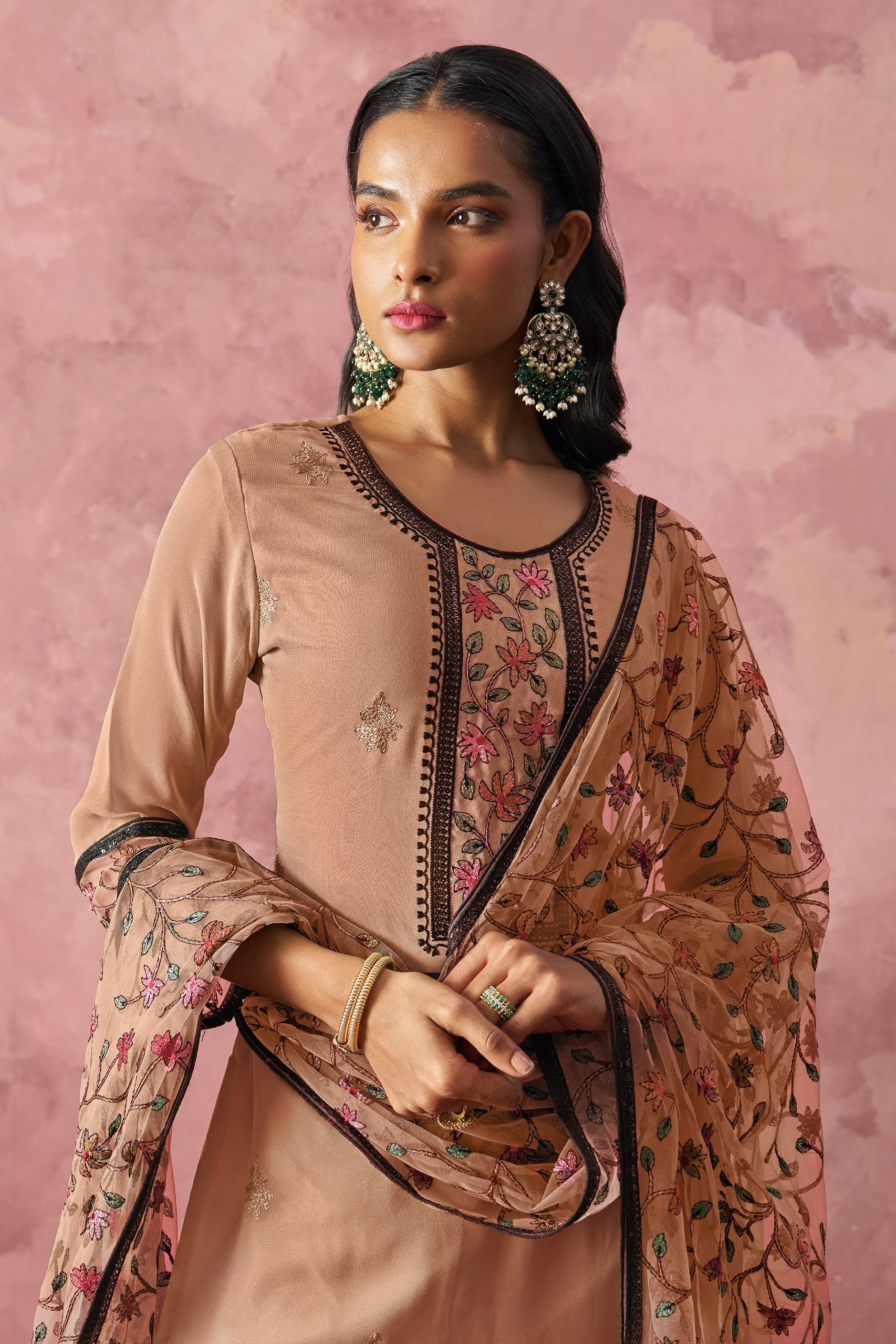 Brown Georgette Kameez With Pant For Indian & Pakistani Wedding Festival - Embroidery Work