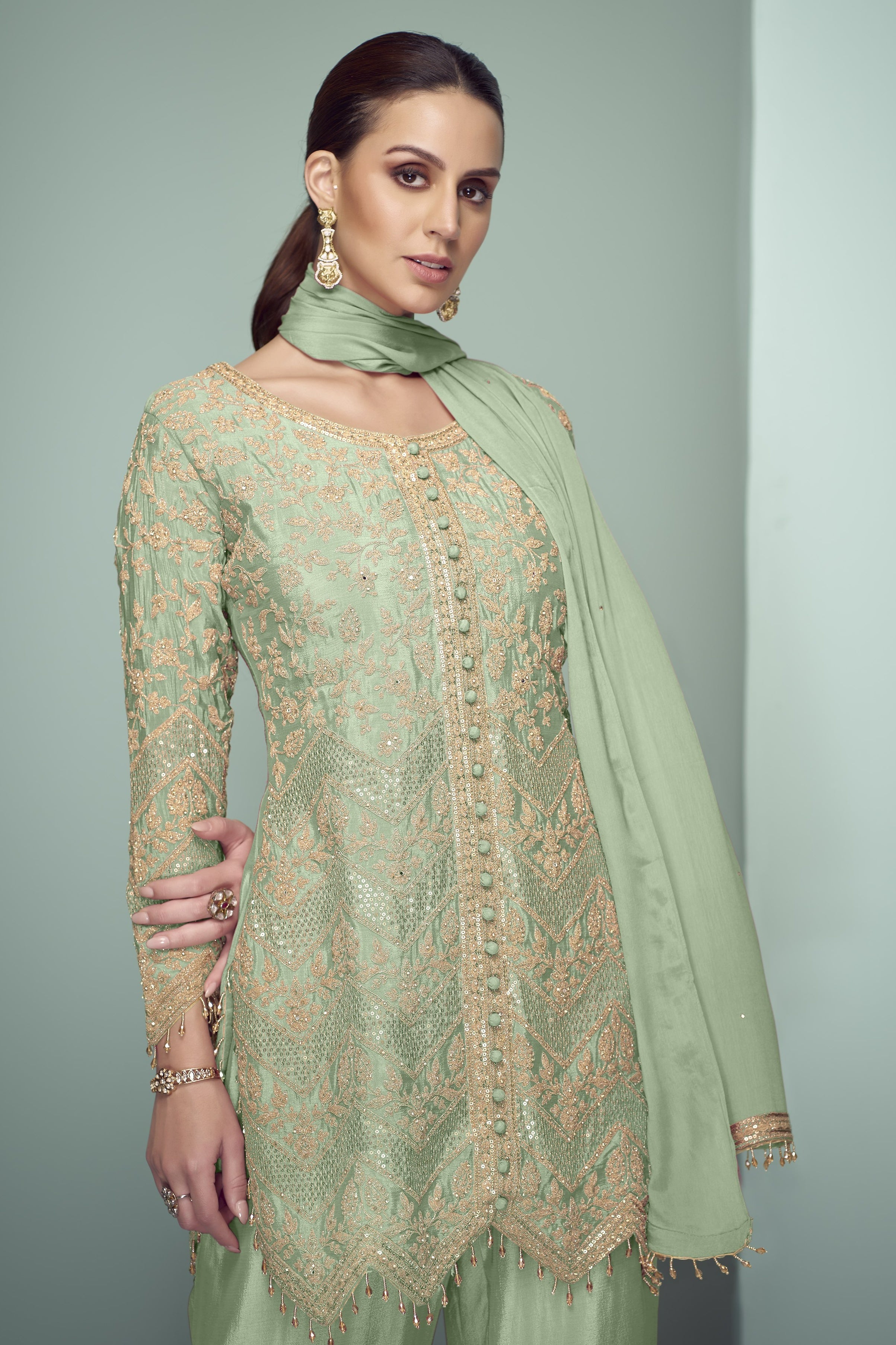 Light Green Chinon Silk Kameez With Pant For Indian & Pakistani Wedding Festival - Thread Embroidery Work, Sequence Embroidery Work