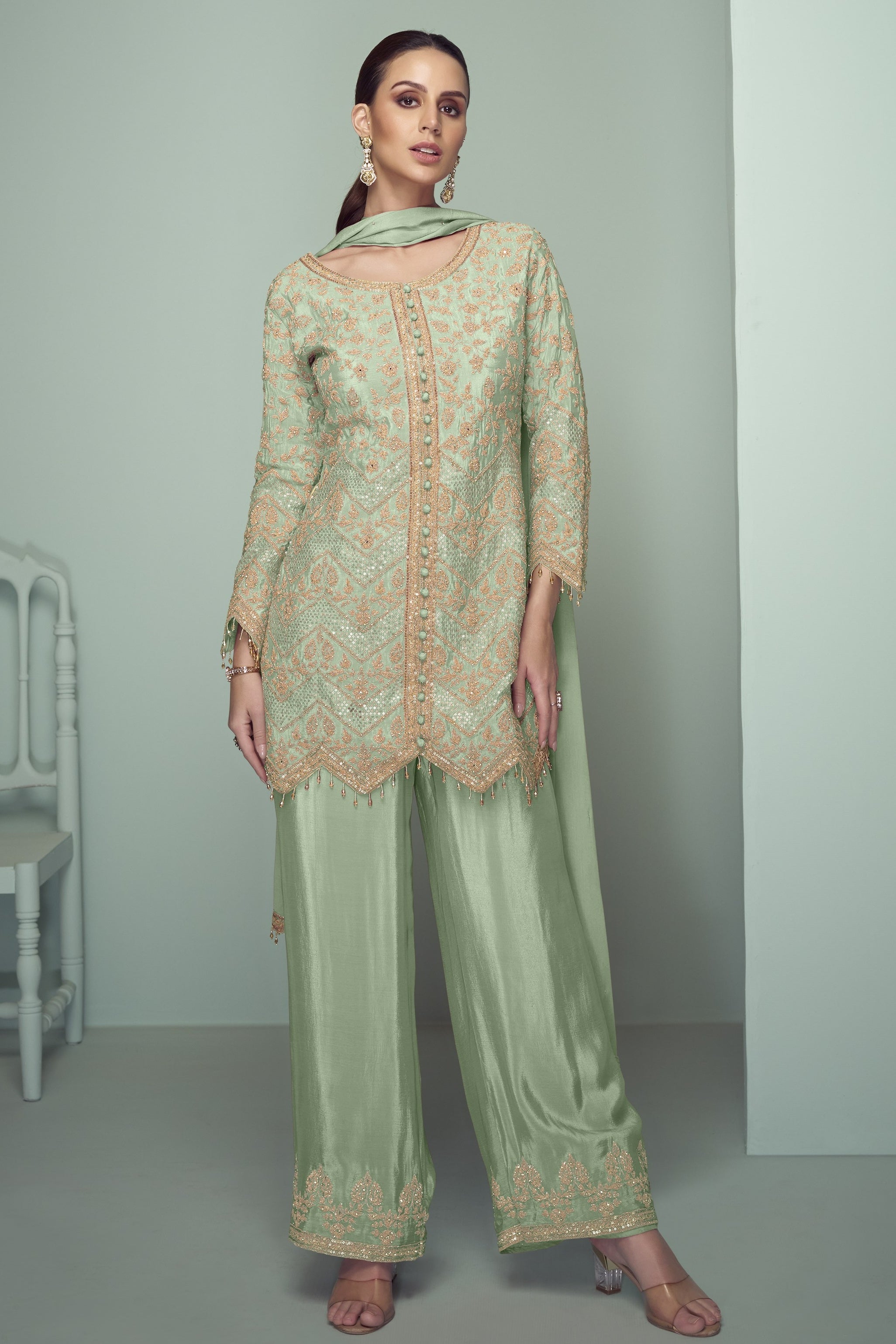 Light Green Chinon Silk Kameez With Pant For Indian & Pakistani Wedding Festival - Thread Embroidery Work, Sequence Embroidery Work