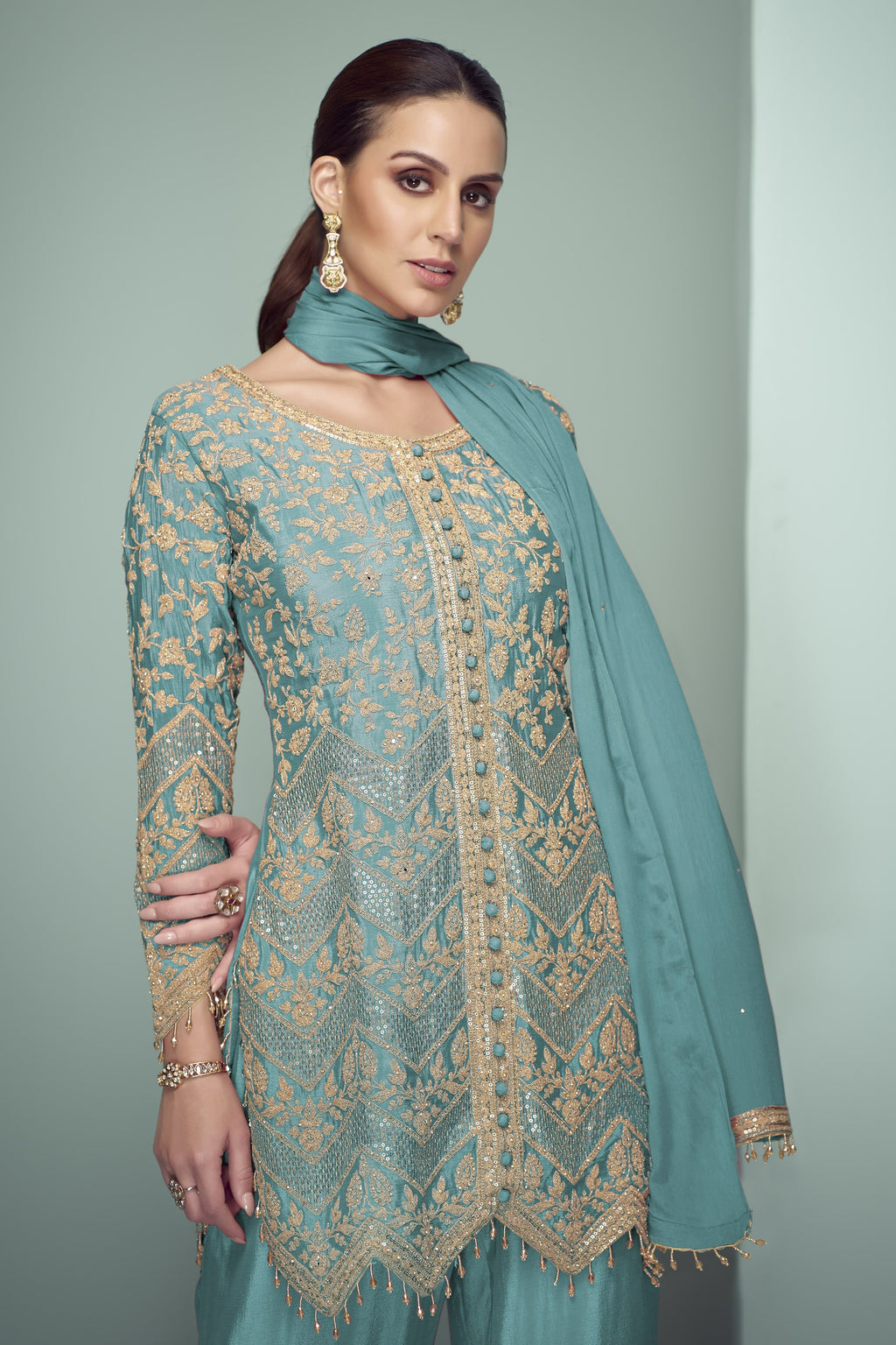 Teal Chinon Silk Kameez With Pant For Indian & Pakistani Wedding Festival - Thread Embroidery Work, Sequence Embroidery Work