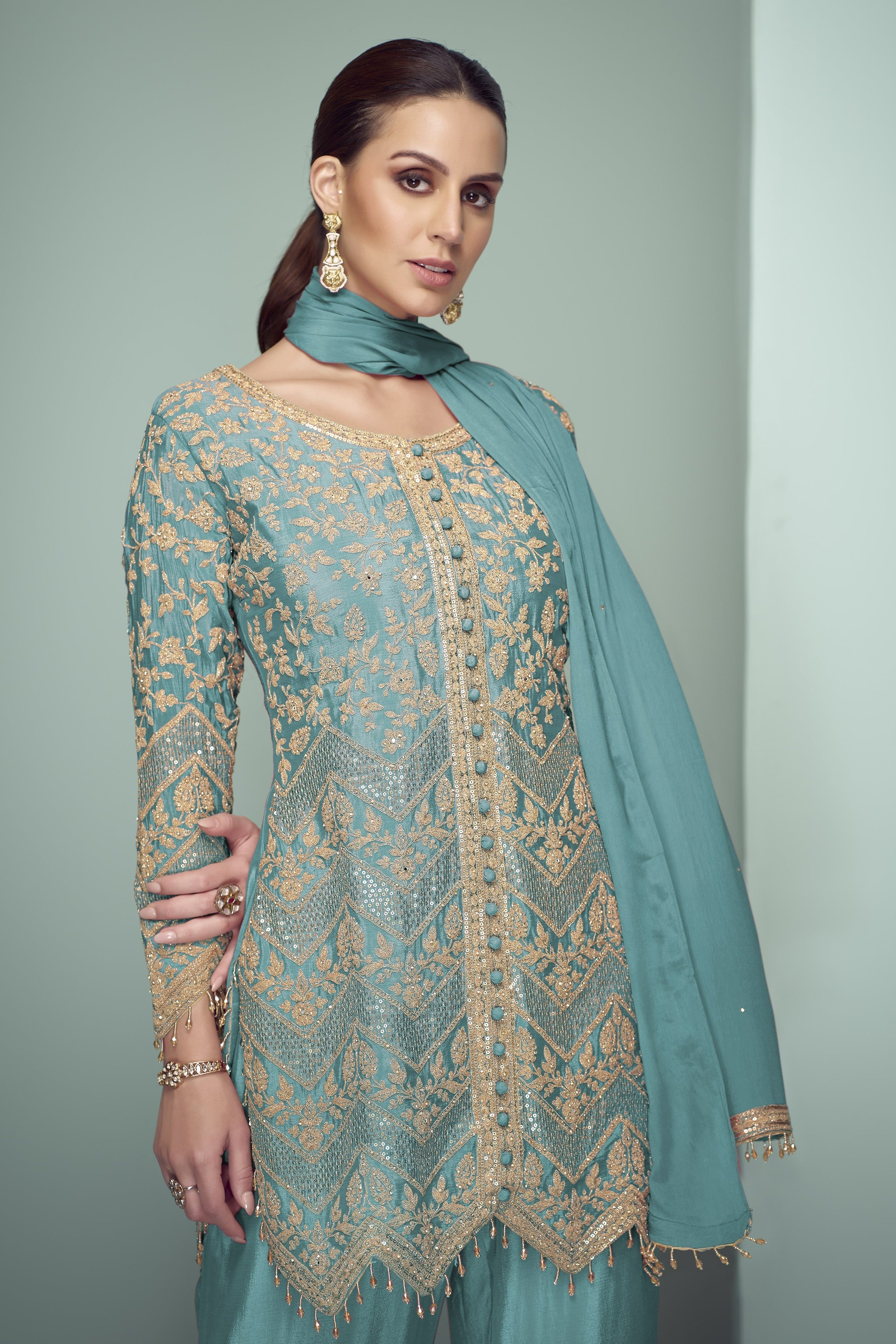 Teal Chinon Silk Kameez With Pant For Indian & Pakistani Wedding Festival - Thread Embroidery Work, Sequence Embroidery Work