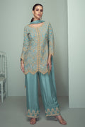 Teal Chinon Silk Kameez With Pant For Indian & Pakistani Wedding Festival - Thread Embroidery Work, Sequence Embroidery Work