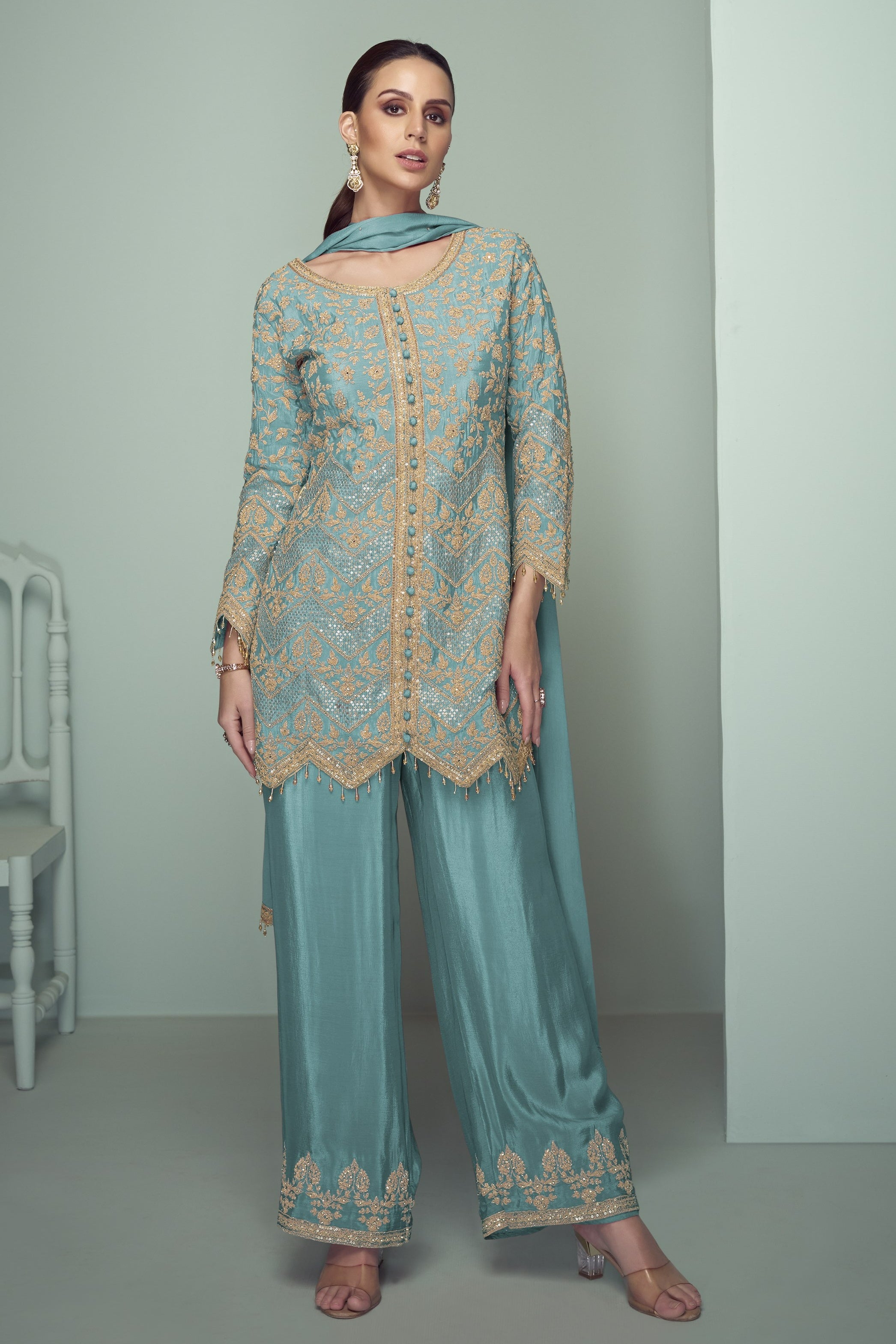 Teal Chinon Silk Kameez With Pant For Indian & Pakistani Wedding Festival - Thread Embroidery Work, Sequence Embroidery Work