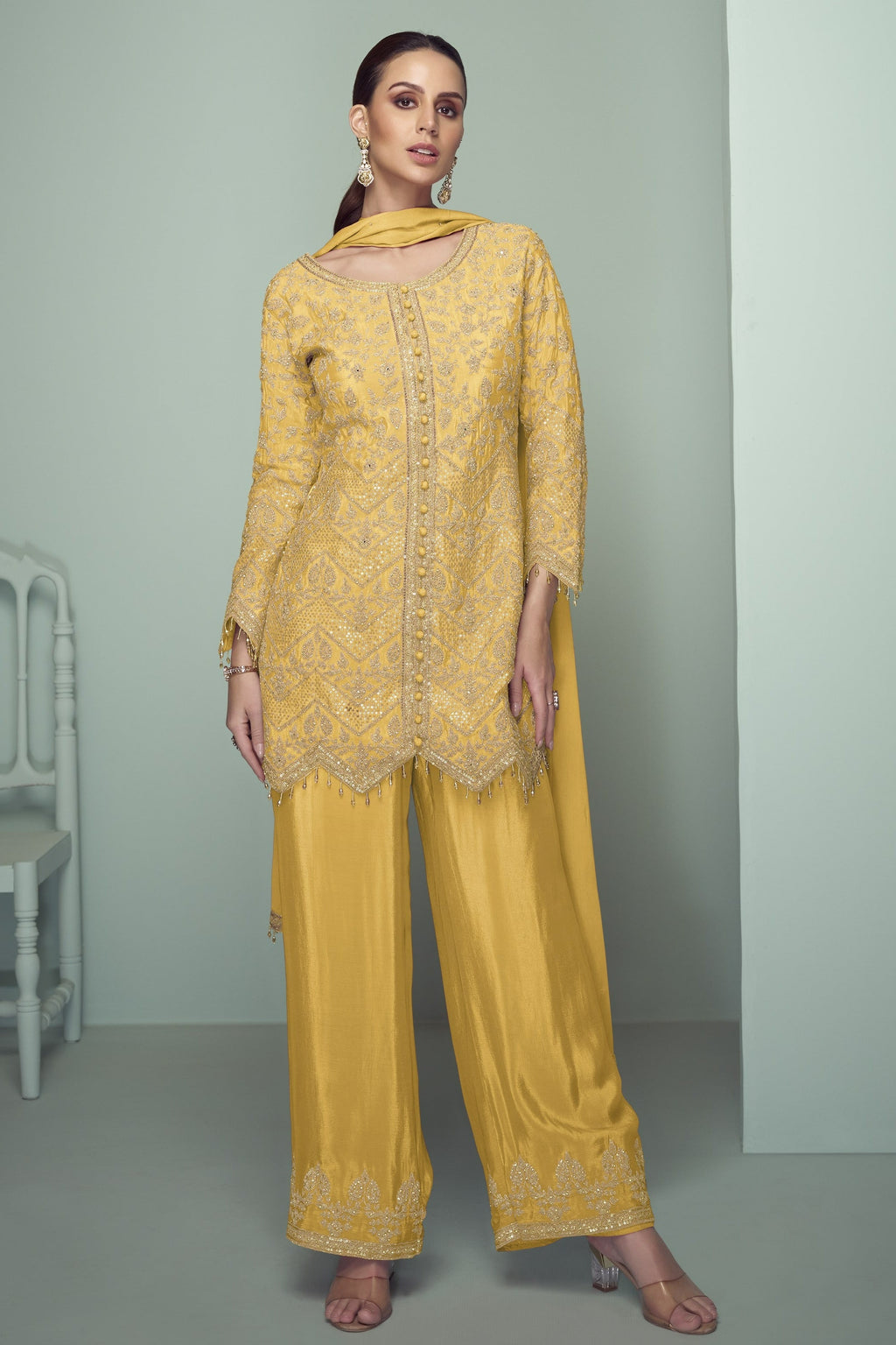Yellow Chinon Silk Kameez With Pant For Indian & Pakistani Wedding Festival - Thread Embroidery Work, Sequence Embroidery Work