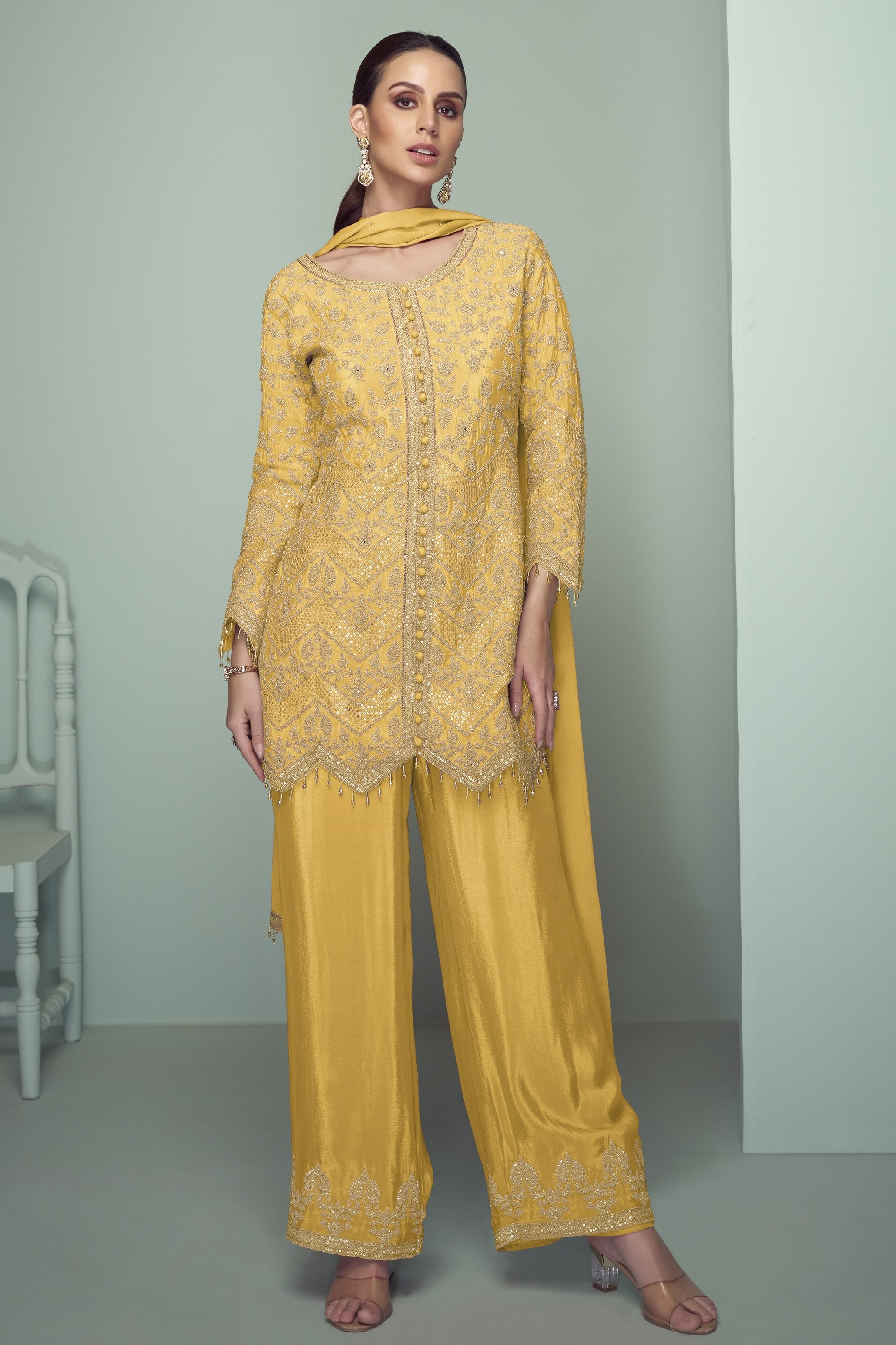 Yellow Chinon Silk Kameez With Pant For Indian & Pakistani Wedding Festival - Thread Embroidery Work, Sequence Embroidery Work