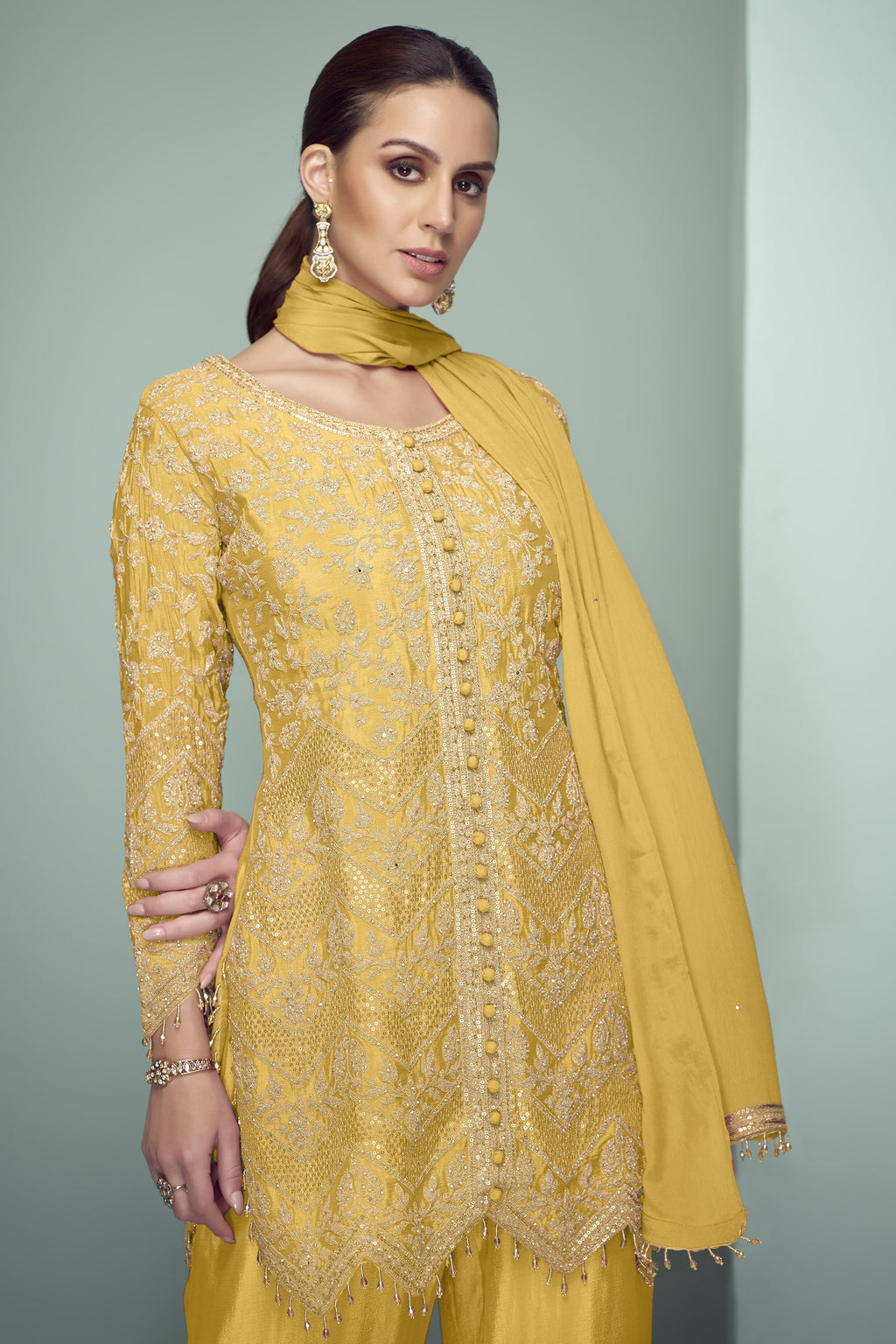 Yellow Chinon Silk Kameez With Pant For Indian & Pakistani Wedding Festival - Thread Embroidery Work, Sequence Embroidery Work
