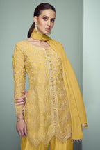Yellow Chinon Silk Kameez With Pant For Indian & Pakistani Wedding Festival - Thread Embroidery Work, Sequence Embroidery Work
