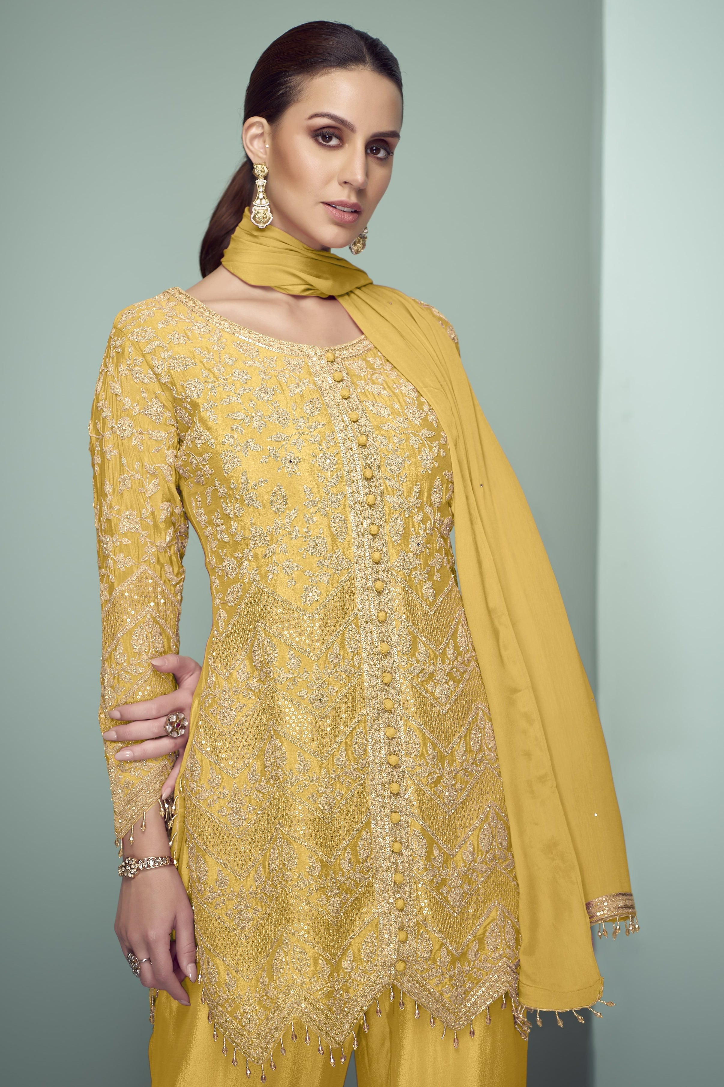 Yellow Chinon Silk Kameez With Pant For Indian & Pakistani Wedding Festival - Thread Embroidery Work, Sequence Embroidery Work