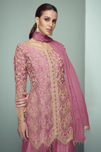Pink Chinon Silk Kameez With Pant For Indian & Pakistani Wedding Festival - Thread Embroidery Work, Sequence Embroidery Work