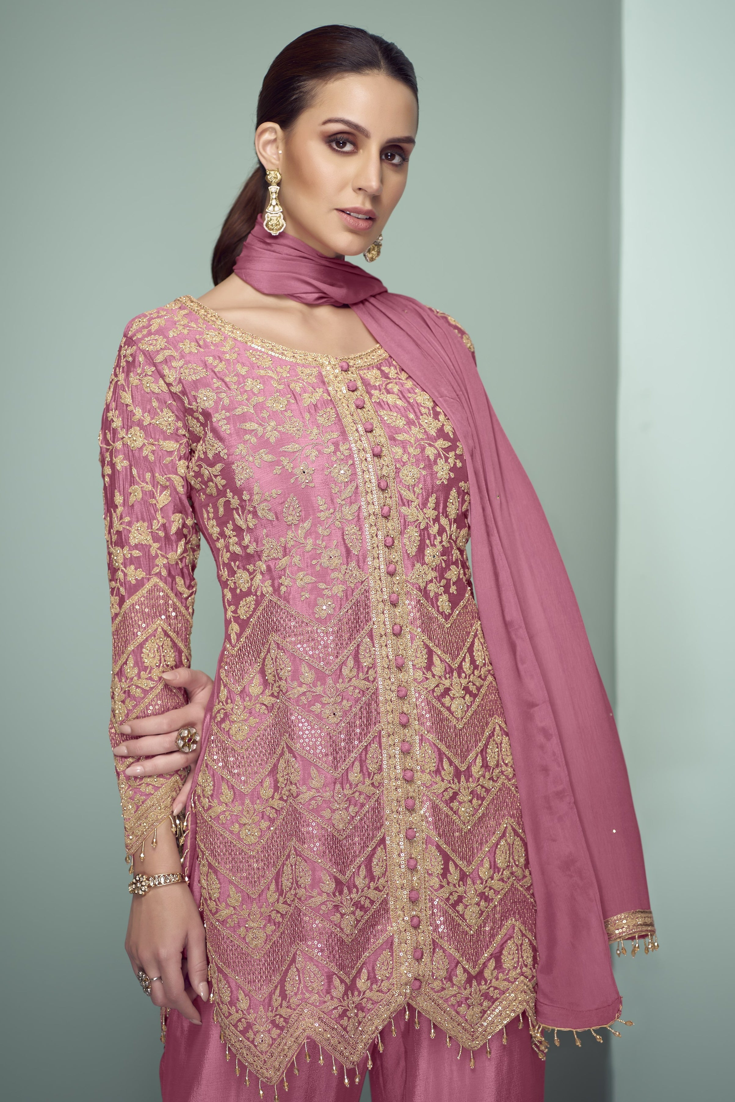 Pink Chinon Silk Kameez With Pant For Indian & Pakistani Wedding Festival - Thread Embroidery Work, Sequence Embroidery Work
