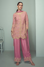 Pink Chinon Silk Kameez With Pant For Indian & Pakistani Wedding Festival - Thread Embroidery Work, Sequence Embroidery Work
