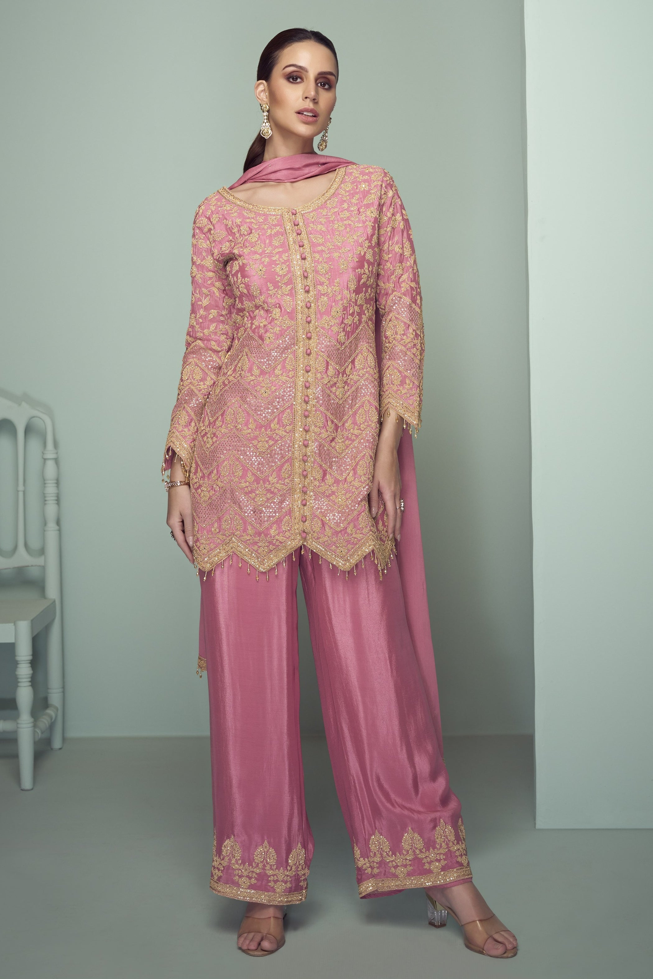 Pink Chinon Silk Kameez With Pant For Indian & Pakistani Wedding Festival - Thread Embroidery Work, Sequence Embroidery Work
