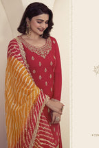 Red Chinon Silk Palazzo Suit For Indian Wedding & Pakistani Festival - Embroidery Work, Print Work