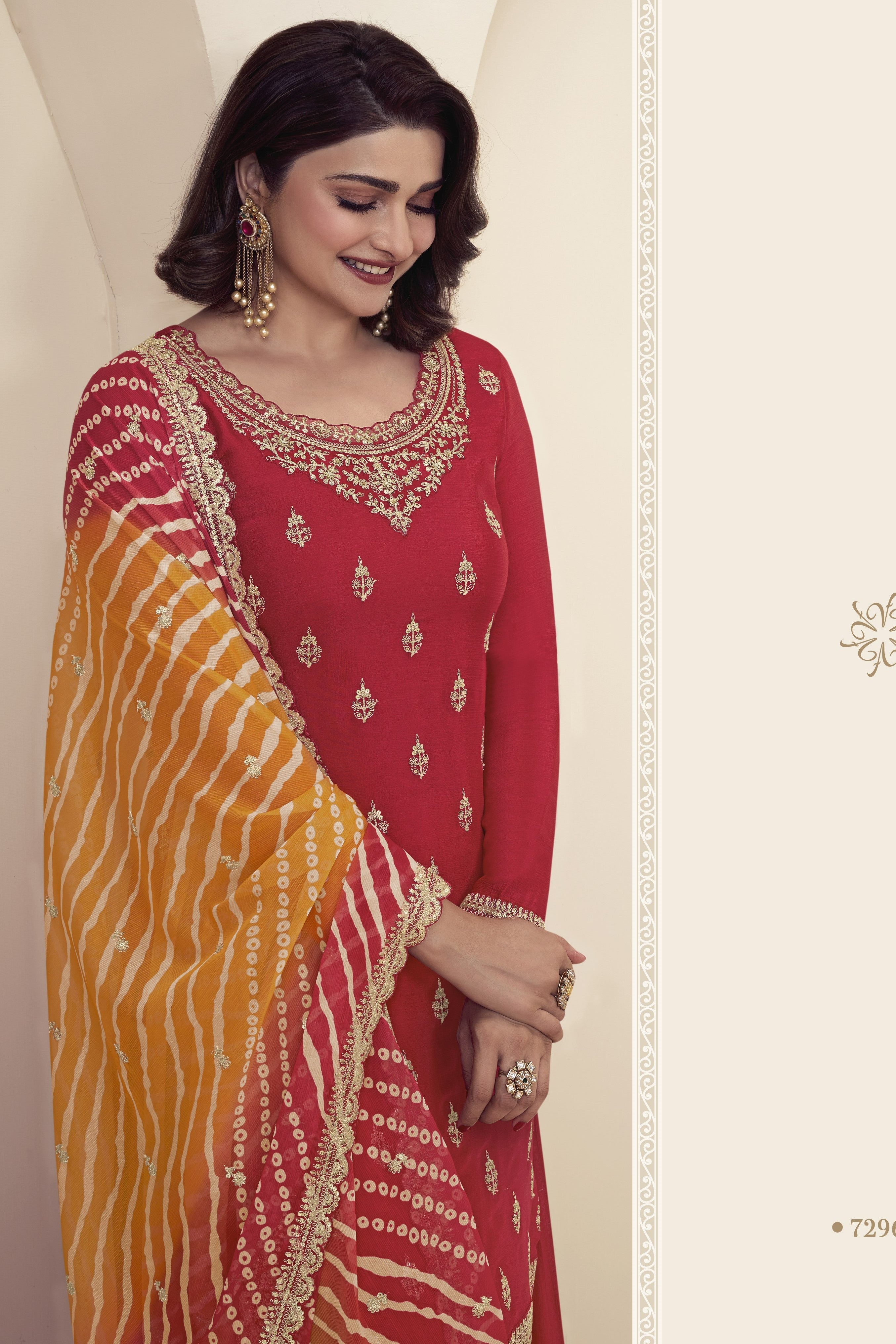 Red Chinon Silk Palazzo Suit For Indian Wedding & Pakistani Festival - Embroidery Work, Print Work
