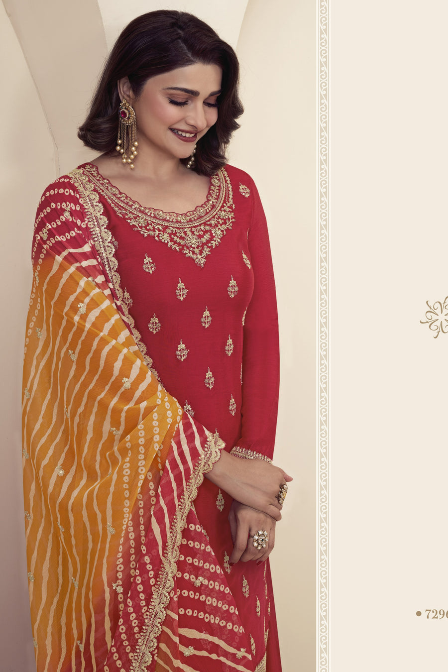 Red Chinon Silk Palazzo Suit For Indian Wedding & Pakistani Festival - Embroidery Work, Print Work