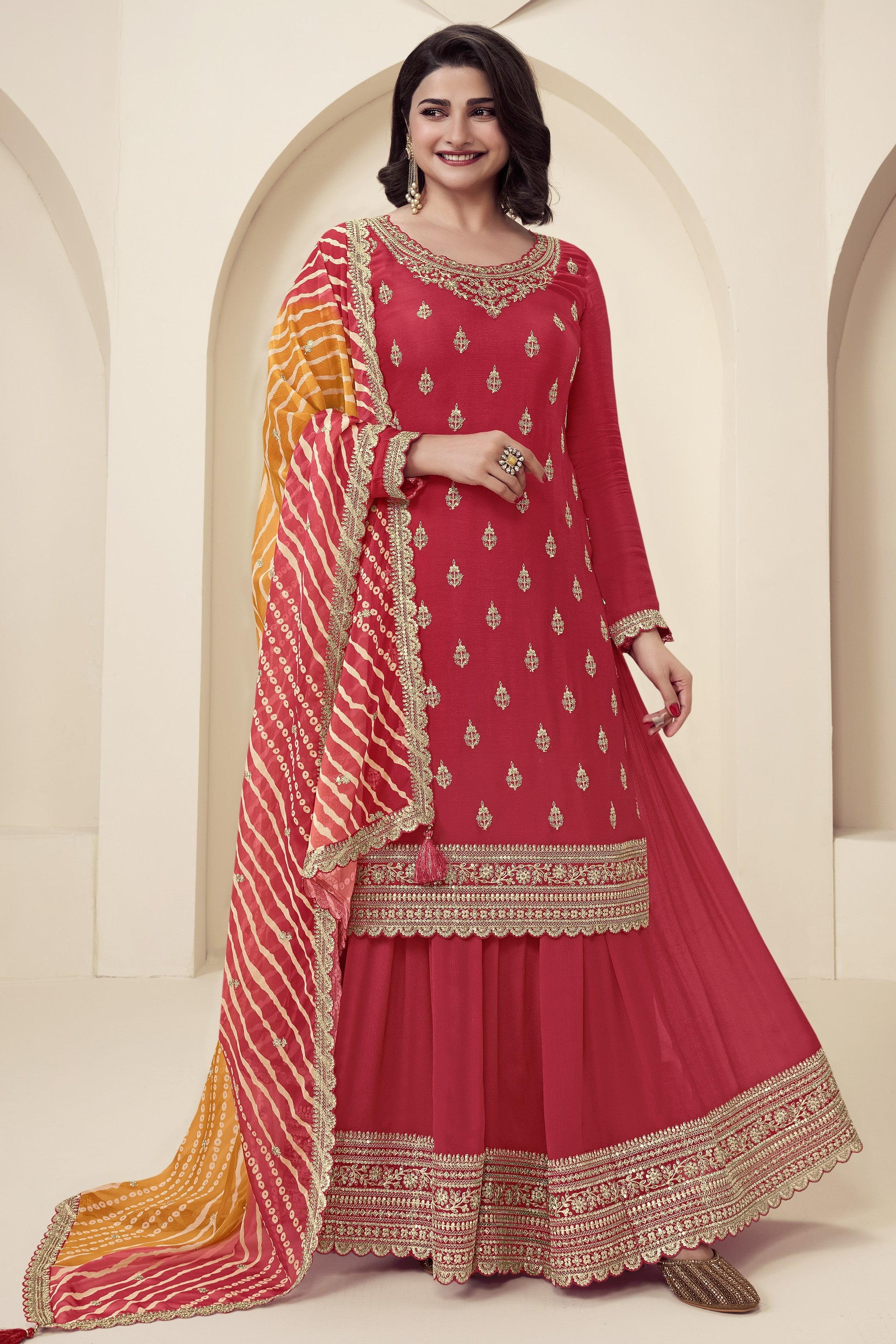 Red Chinon Silk Palazzo Suit For Indian Wedding & Pakistani Festival - Embroidery Work, Print Work