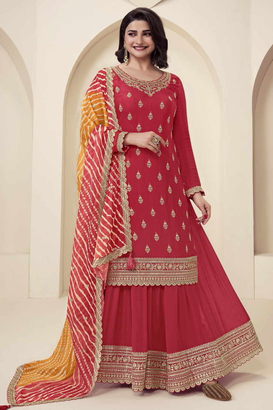 Red Chinon Silk Palazzo Suit For Indian Wedding & Pakistani Festival - Embroidery Work, Print Work