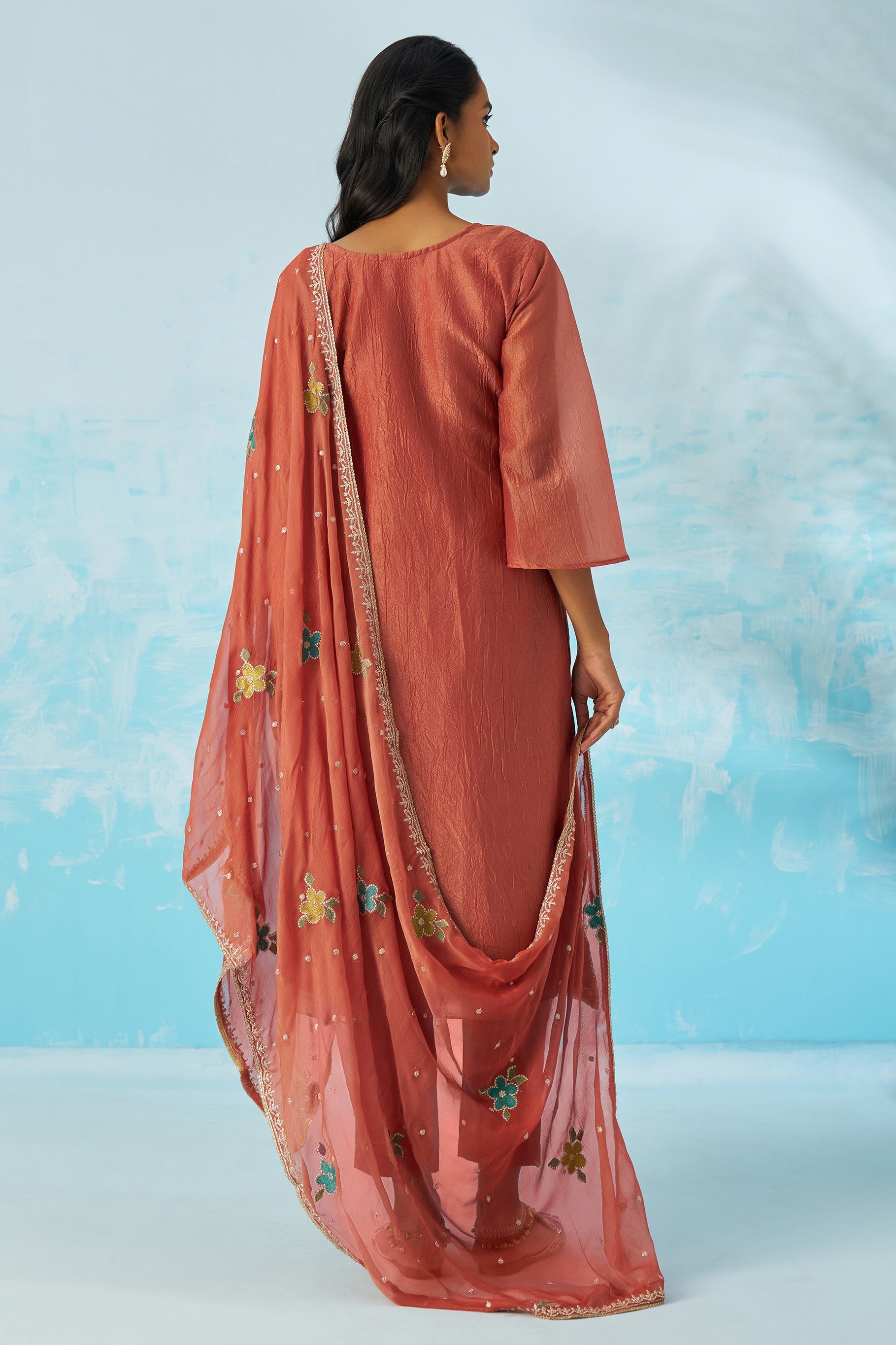 Coral Crush Fabric Kameez With Pant For Indian & Pakistani Wedding Festival - Thread & Sequence Embroidery