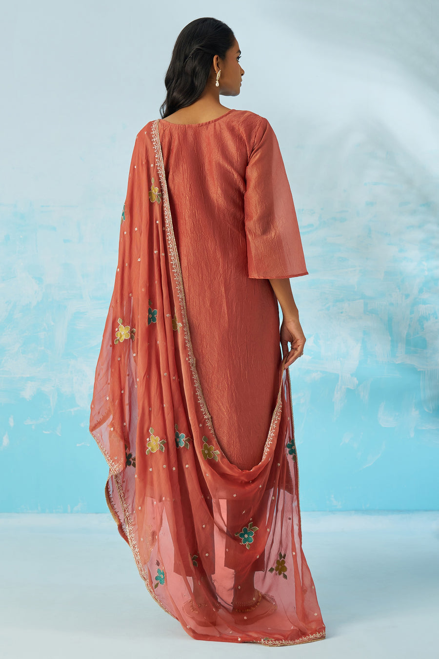 Coral Crush Fabric Kameez With Pant For Indian & Pakistani Wedding Festival - Thread & Sequence Embroidery