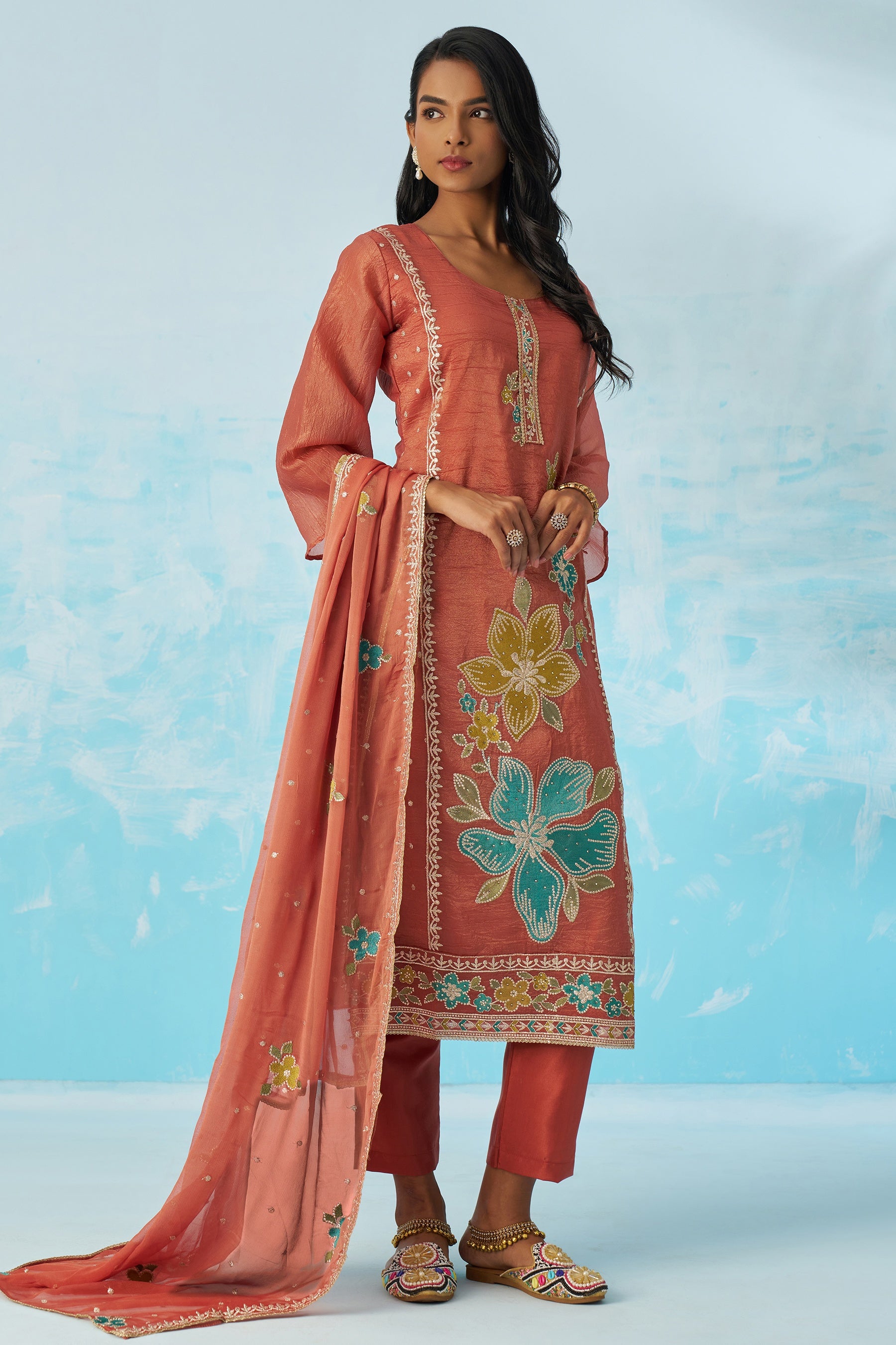 Coral Crush Fabric Kameez With Pant For Indian & Pakistani Wedding Festival - Thread & Sequence Embroidery