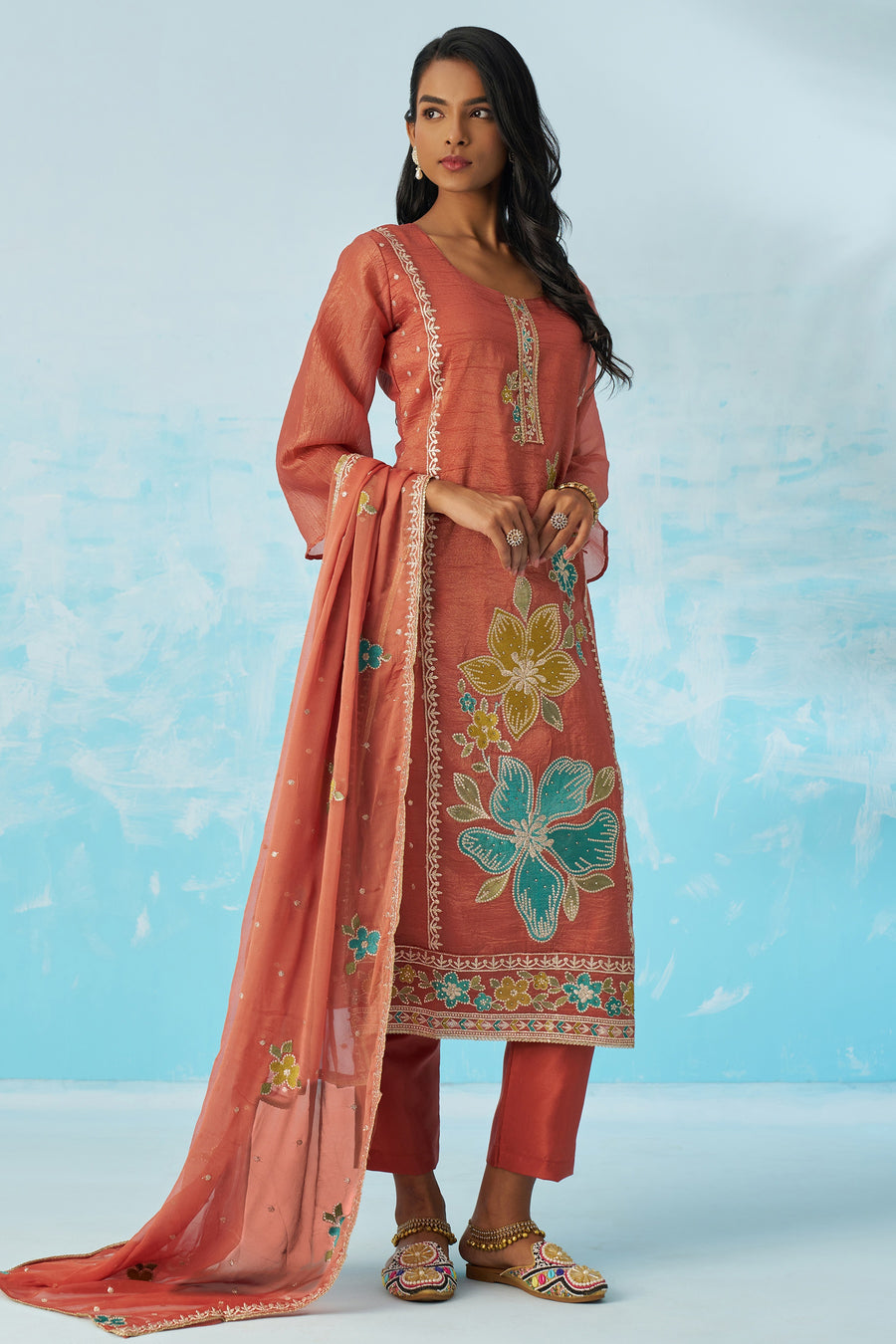Coral Crush Fabric Kameez With Pant For Indian & Pakistani Wedding Festival - Thread & Sequence Embroidery