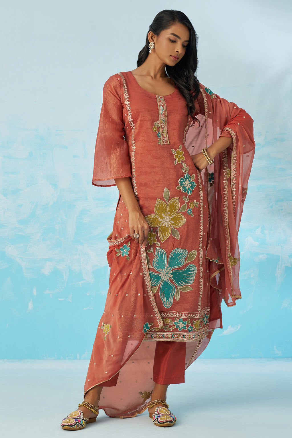 Coral Crush Fabric Kameez With Pant For Indian & Pakistani Wedding Festival - Thread & Sequence Embroidery