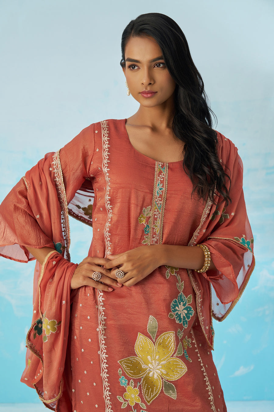 Coral Crush Fabric Kameez With Pant For Indian & Pakistani Wedding Festival - Thread & Sequence Embroidery