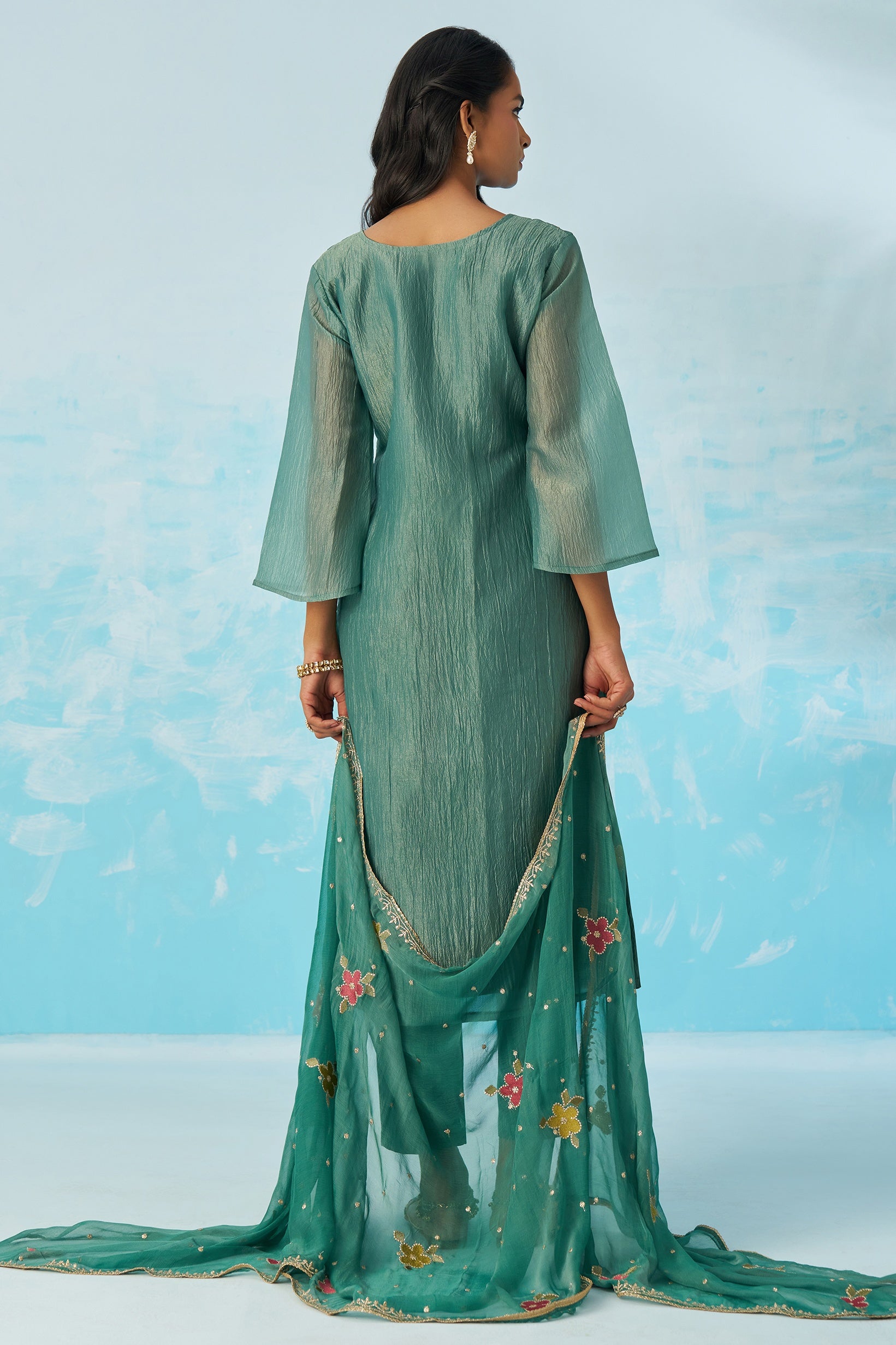 Green Crush Fabric Kameez With Pant For Indian & Pakistani Wedding Festival - Thread & Sequence Embroidery