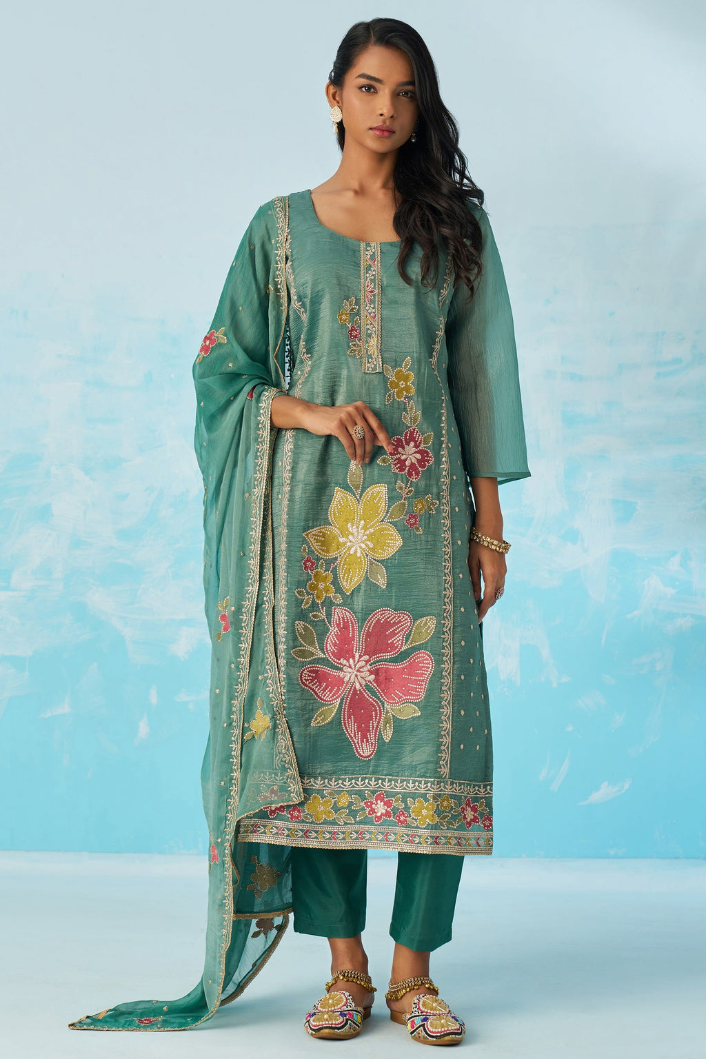 Green Crush Fabric Kameez With Pant For Indian & Pakistani Wedding Festival - Thread & Sequence Embroidery