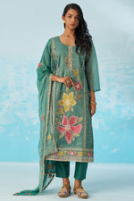 Green Crush Fabric Kameez With Pant For Indian & Pakistani Wedding Festival - Thread & Sequence Embroidery