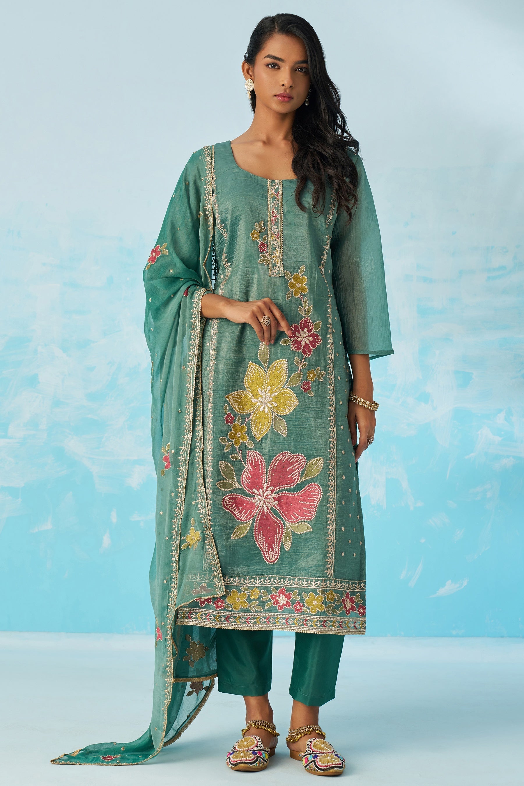 Green Crush Fabric Kameez With Pant For Indian & Pakistani Wedding Festival - Thread & Sequence Embroidery