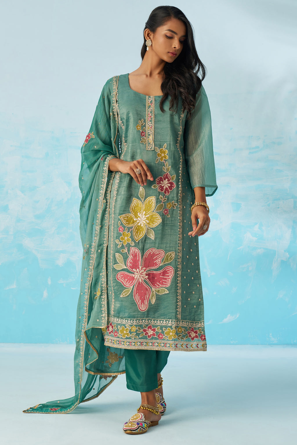 Green Crush Fabric Kameez With Pant For Indian & Pakistani Wedding Festival - Thread & Sequence Embroidery