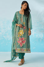 Green Crush Fabric Kameez With Pant For Indian & Pakistani Wedding Festival - Thread & Sequence Embroidery