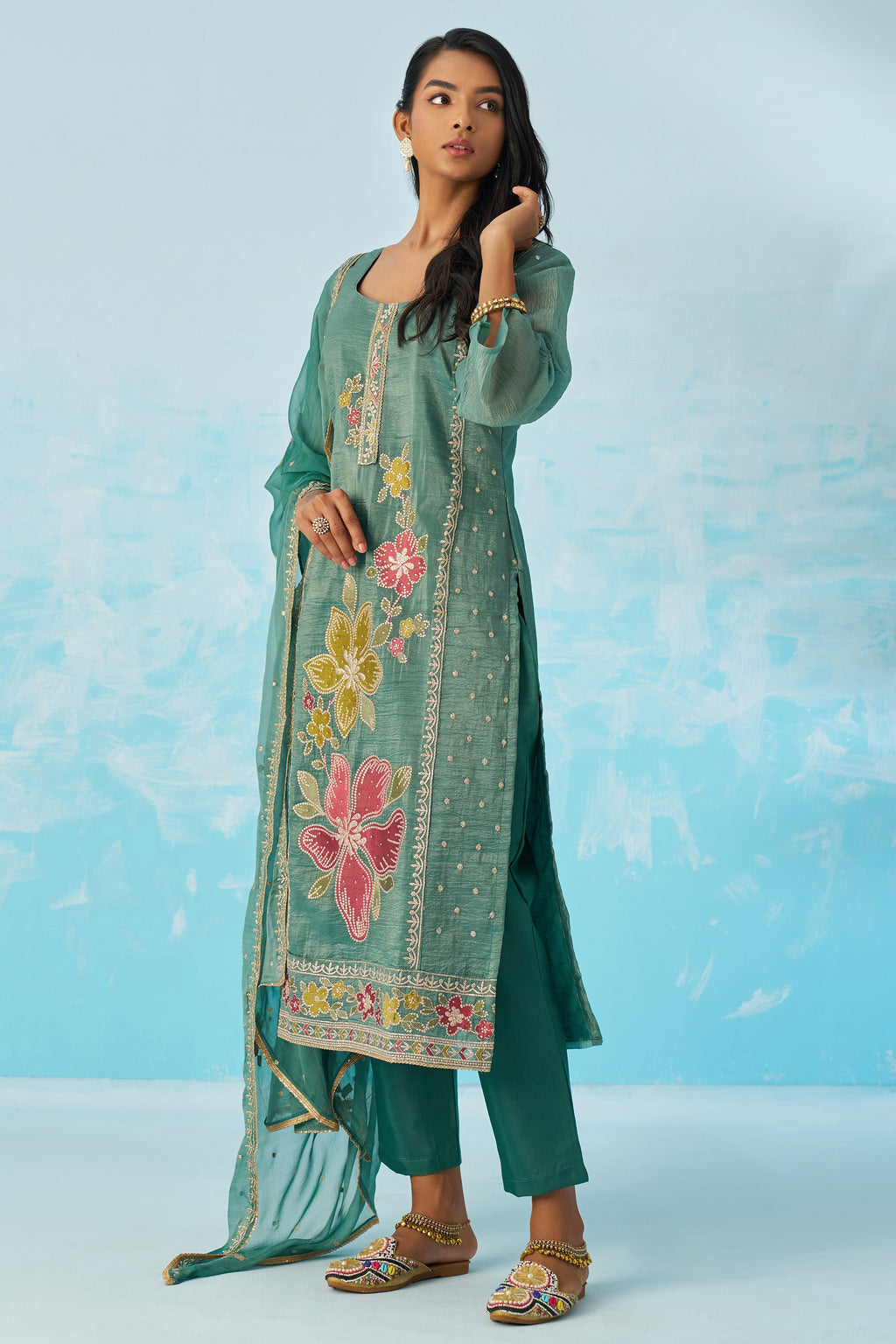 Green Crush Fabric Kameez With Pant For Indian & Pakistani Wedding Festival - Thread & Sequence Embroidery