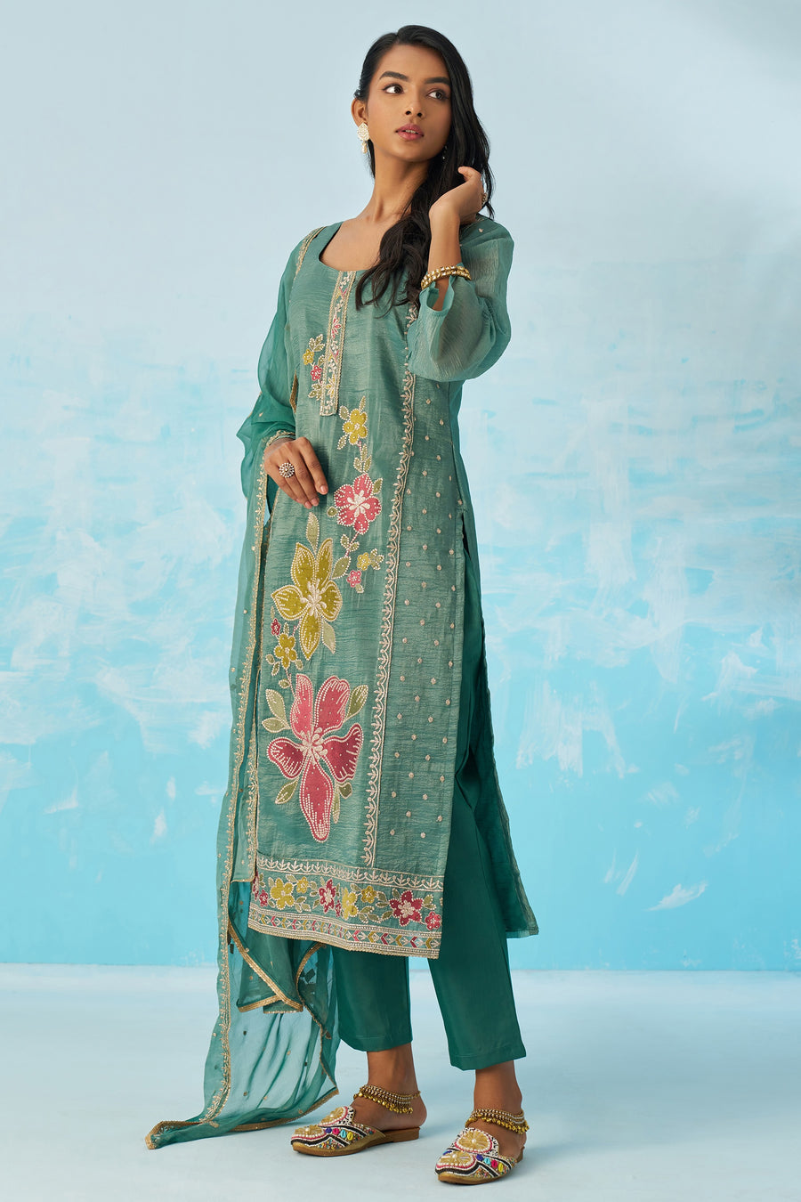 Green Crush Fabric Kameez With Pant For Indian & Pakistani Wedding Festival - Thread & Sequence Embroidery