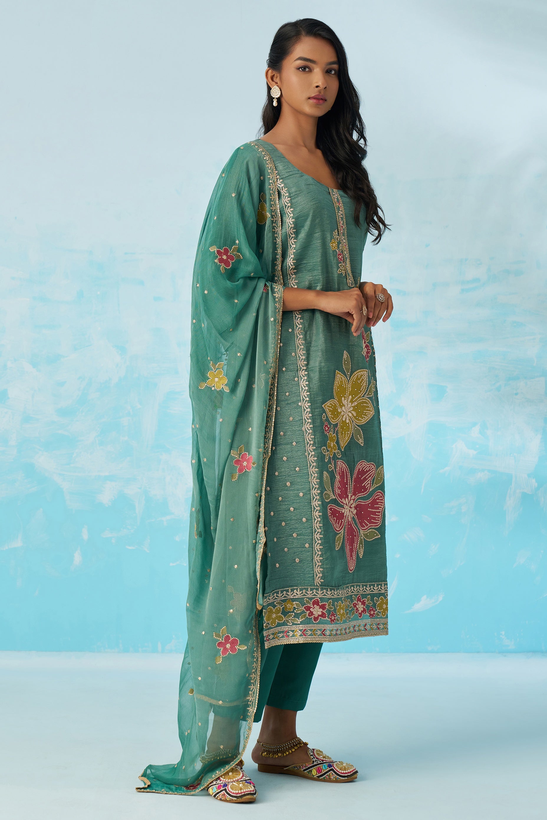 Green Crush Fabric Kameez With Pant For Indian & Pakistani Wedding Festival - Thread & Sequence Embroidery