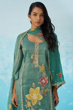 Green Crush Fabric Kameez With Pant For Indian & Pakistani Wedding Festival - Thread & Sequence Embroidery
