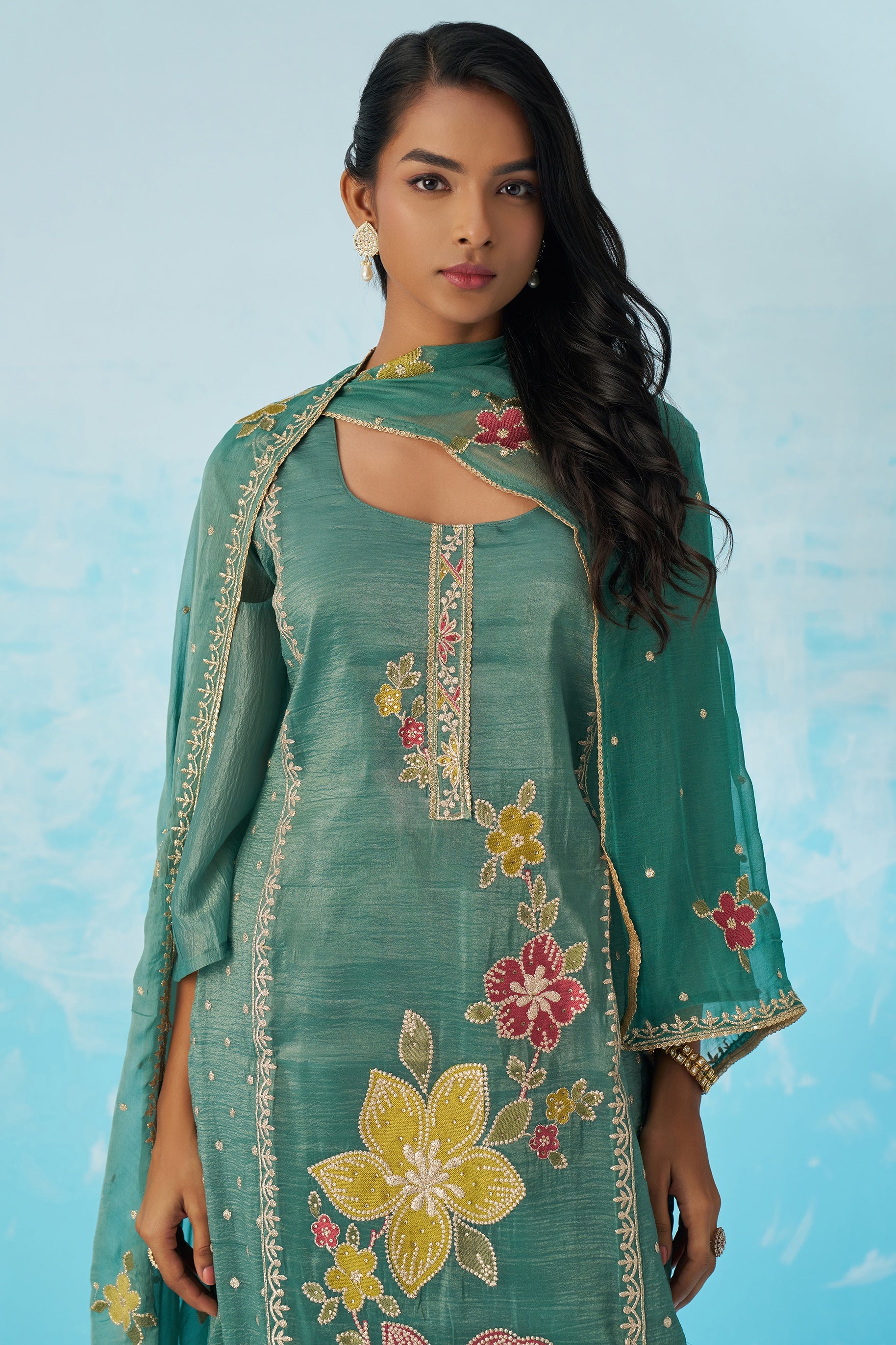 Green Crush Fabric Kameez With Pant For Indian & Pakistani Wedding Festival - Thread & Sequence Embroidery