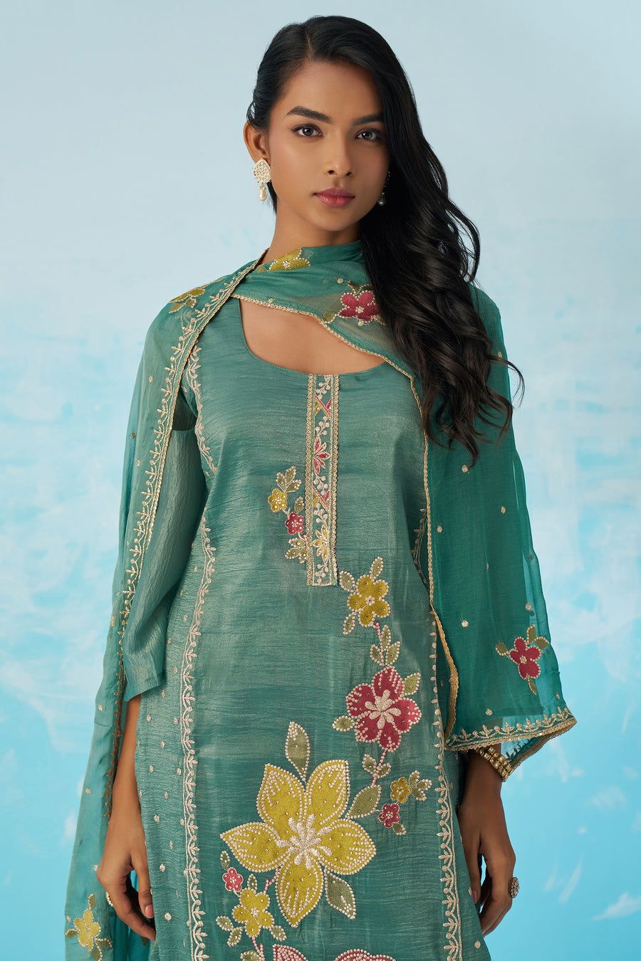 Green Crush Fabric Kameez With Pant For Indian & Pakistani Wedding Festival - Thread & Sequence Embroidery