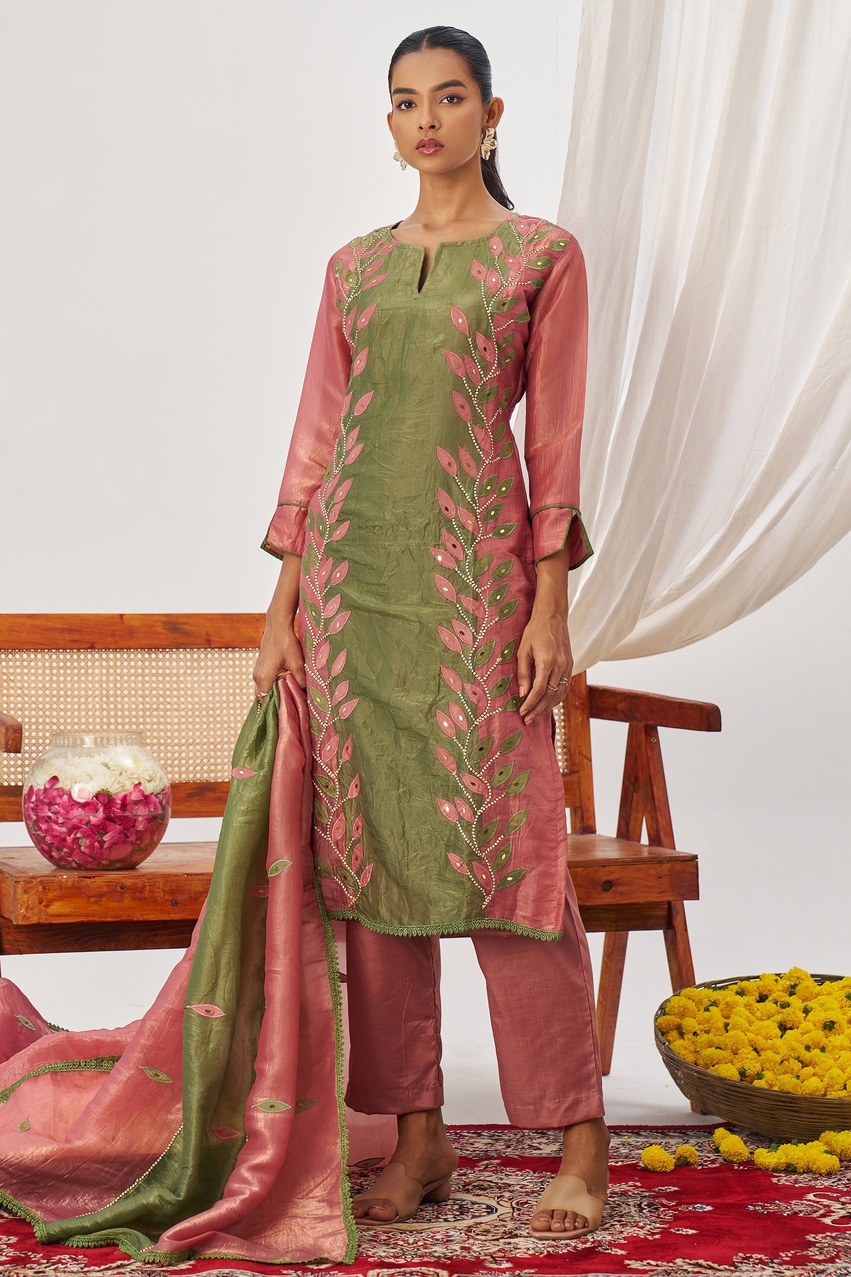 Rose Green Crush Silk Kameez With Pant For Indian & Pakistani Wedding Festival - Embroidery Work, Mirror Work