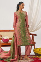 Rose Green Crush Silk Kameez With Pant For Indian & Pakistani Wedding Festival - Embroidery Work, Mirror Work