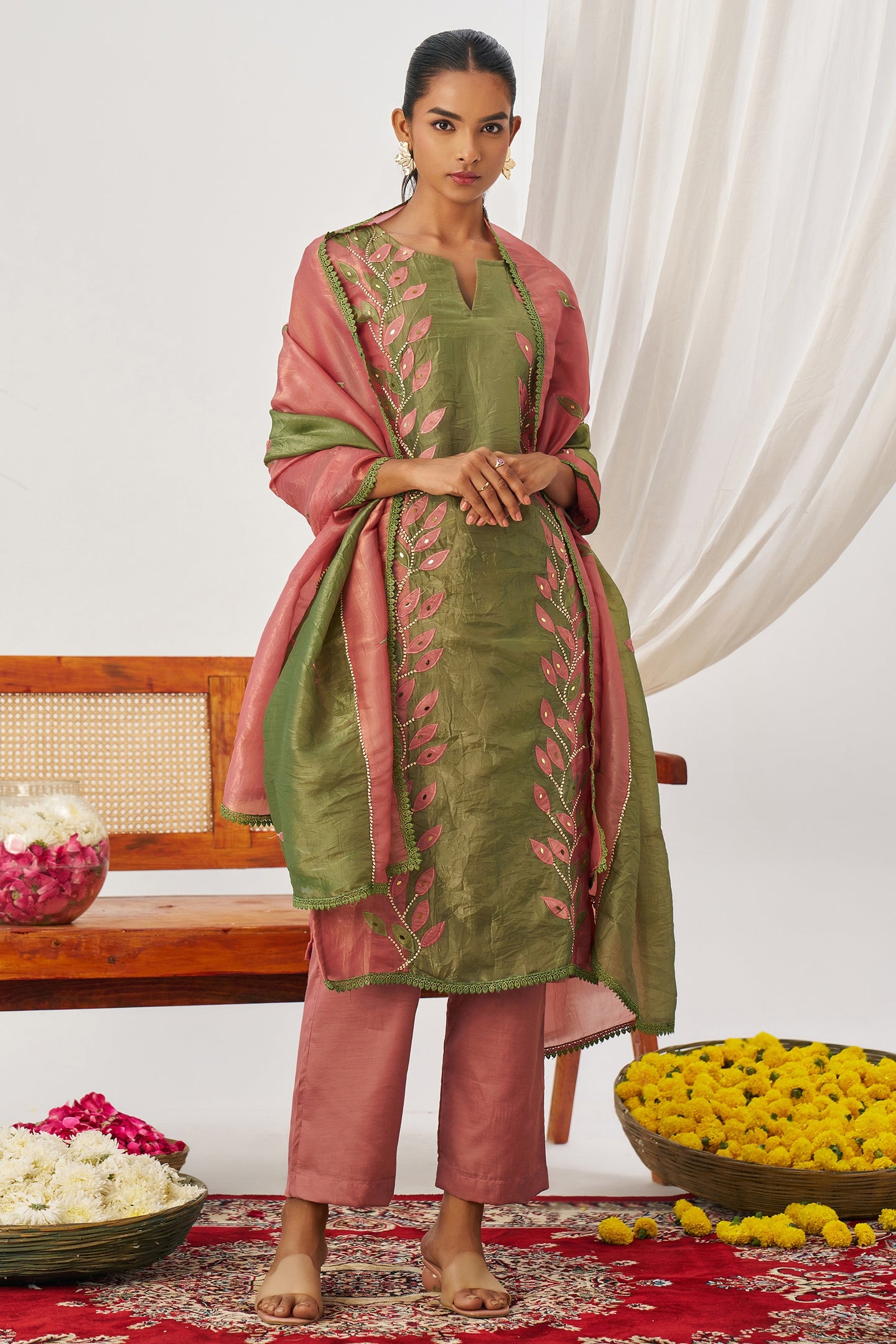 Rose Green Crush Silk Kameez With Pant For Indian & Pakistani Wedding Festival - Embroidery Work, Mirror Work